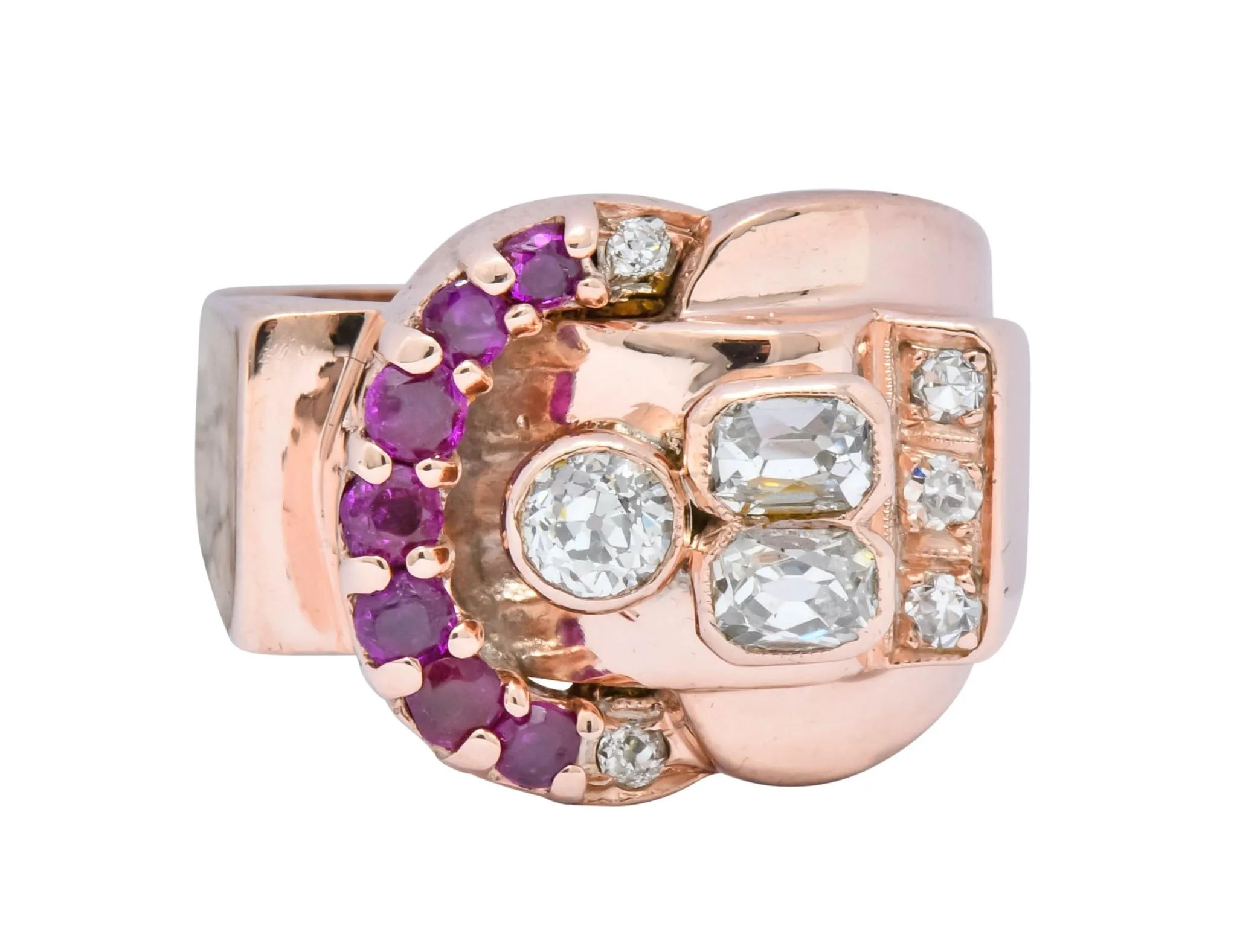 1940's Rose Gold Buckle Ring with Diamond Ruby