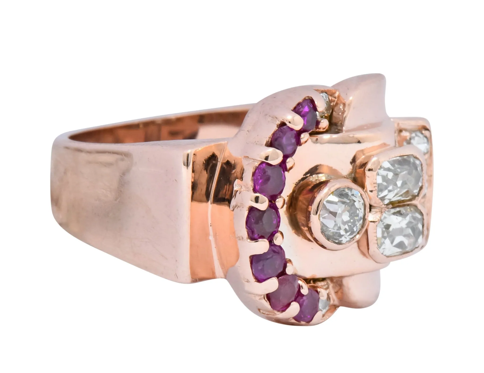 1940's Rose Gold Buckle Ring with Diamond Ruby