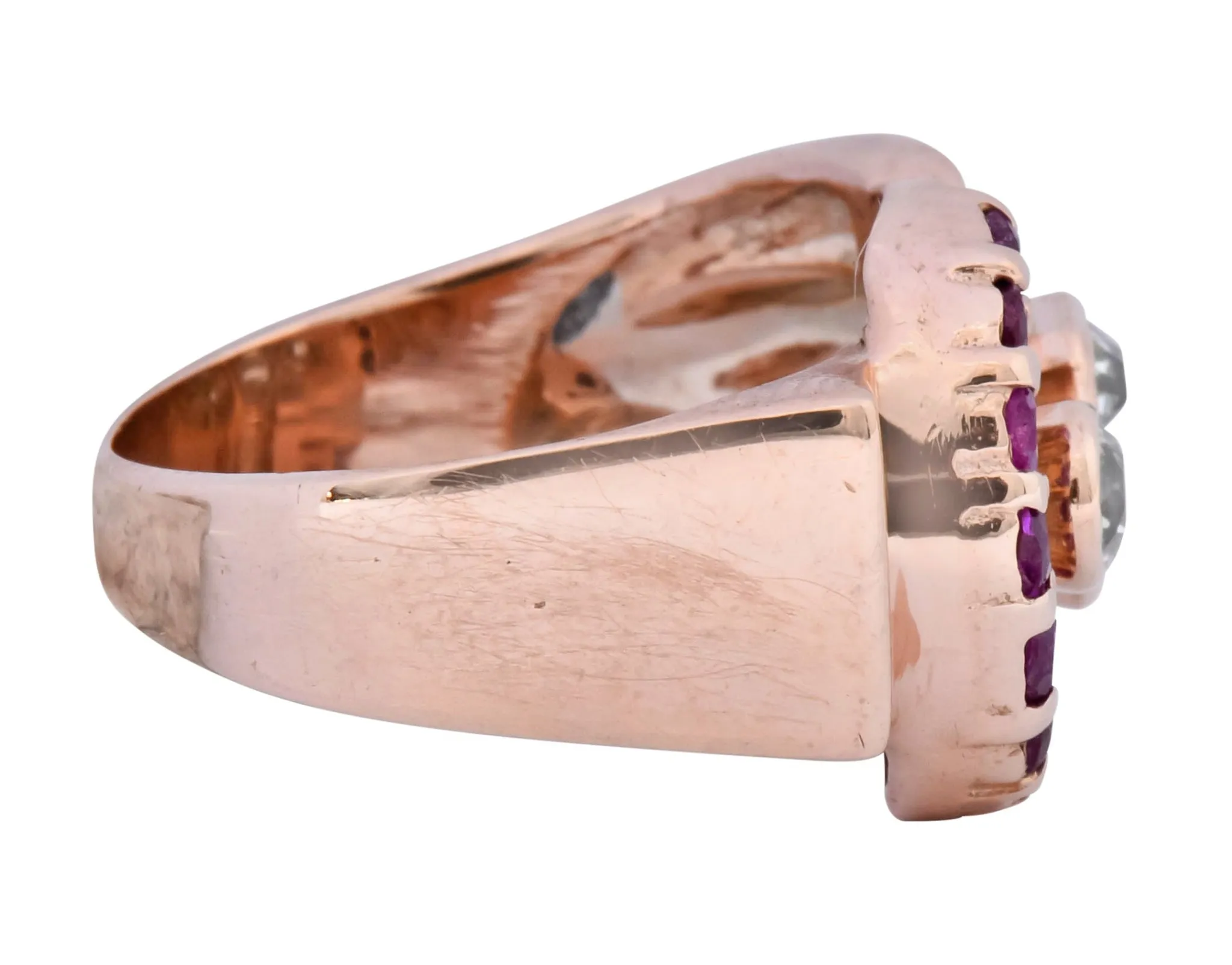 1940's Rose Gold Buckle Ring with Diamond Ruby