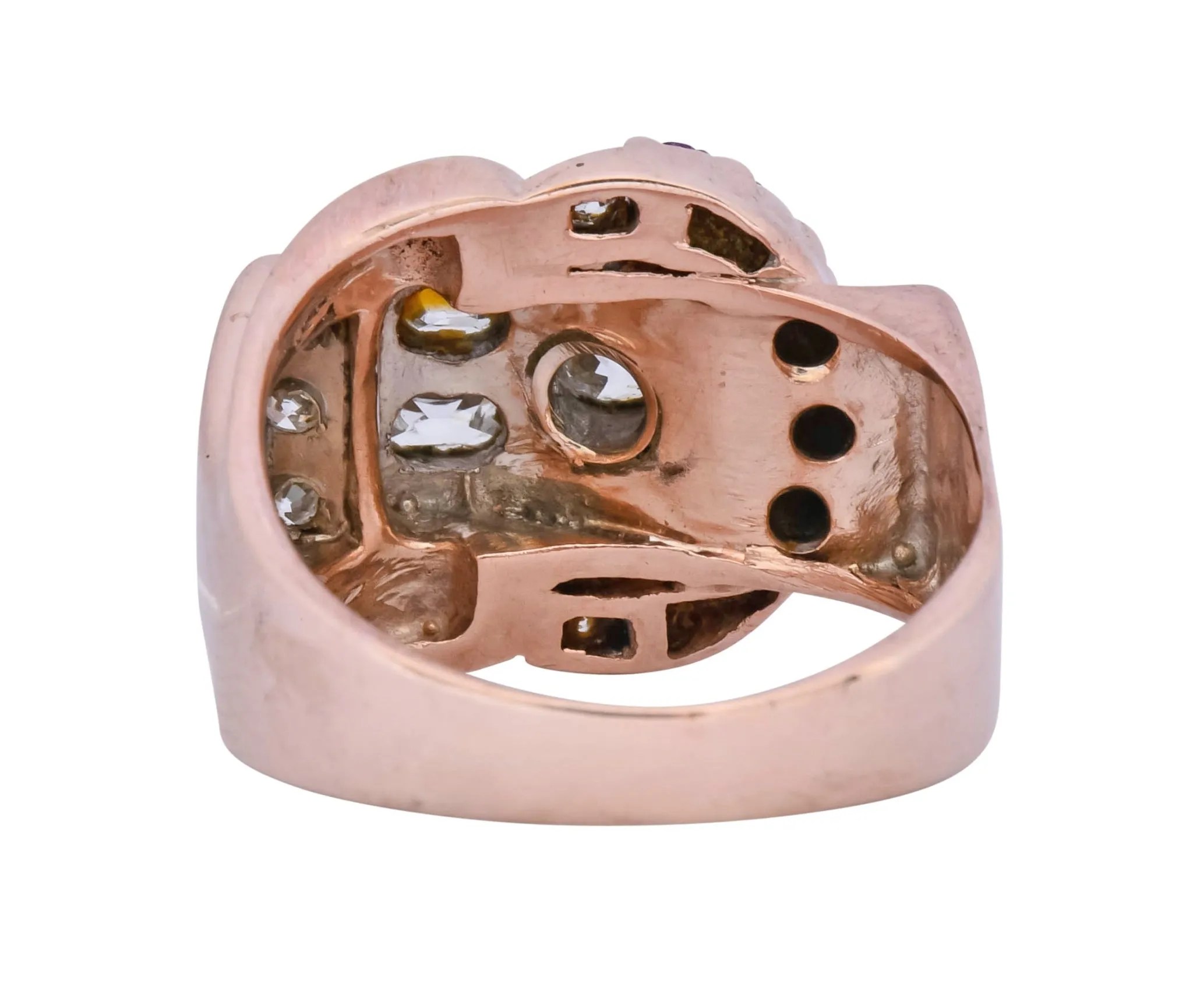 1940's Rose Gold Buckle Ring with Diamond Ruby