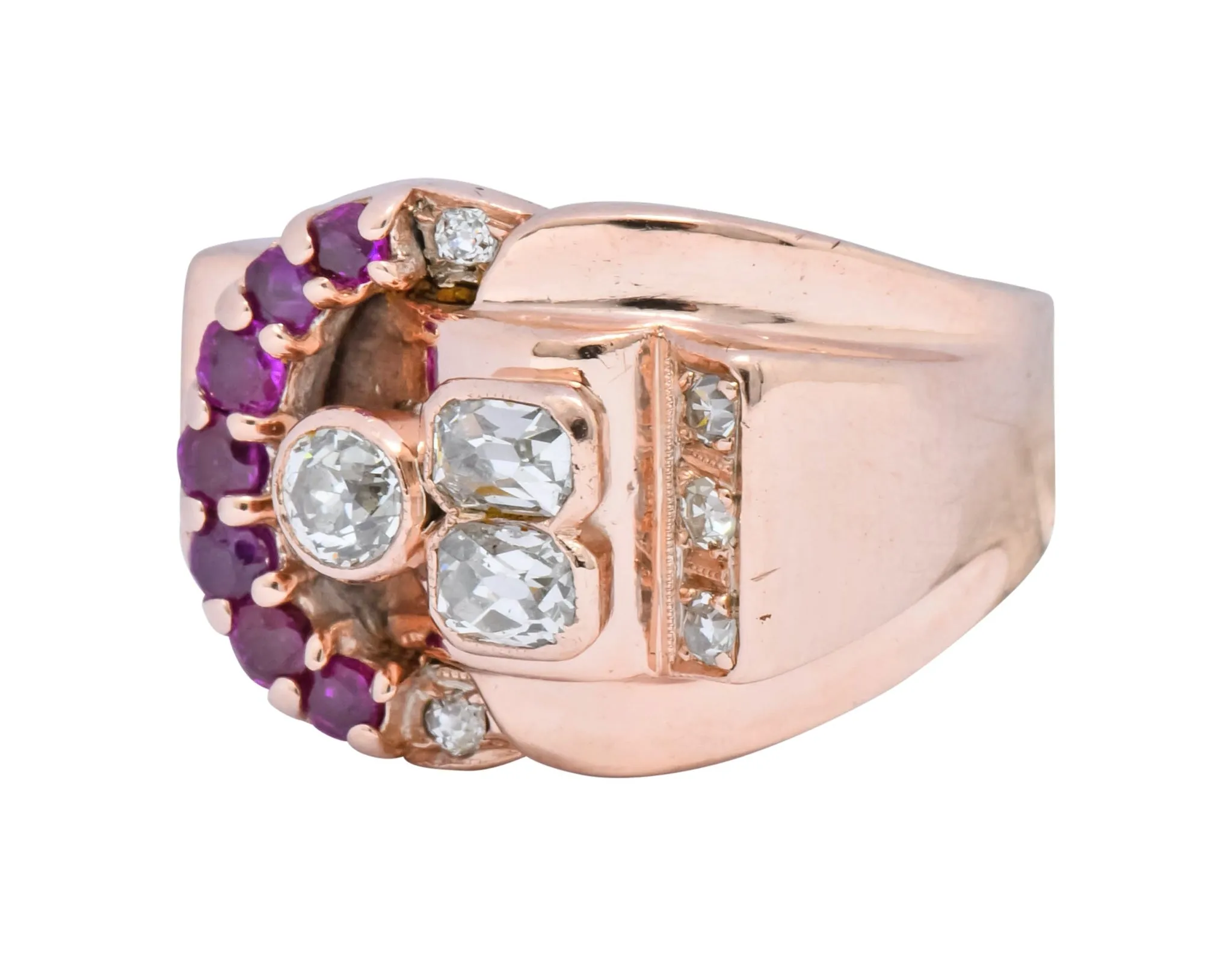 1940's Rose Gold Buckle Ring with Diamond Ruby