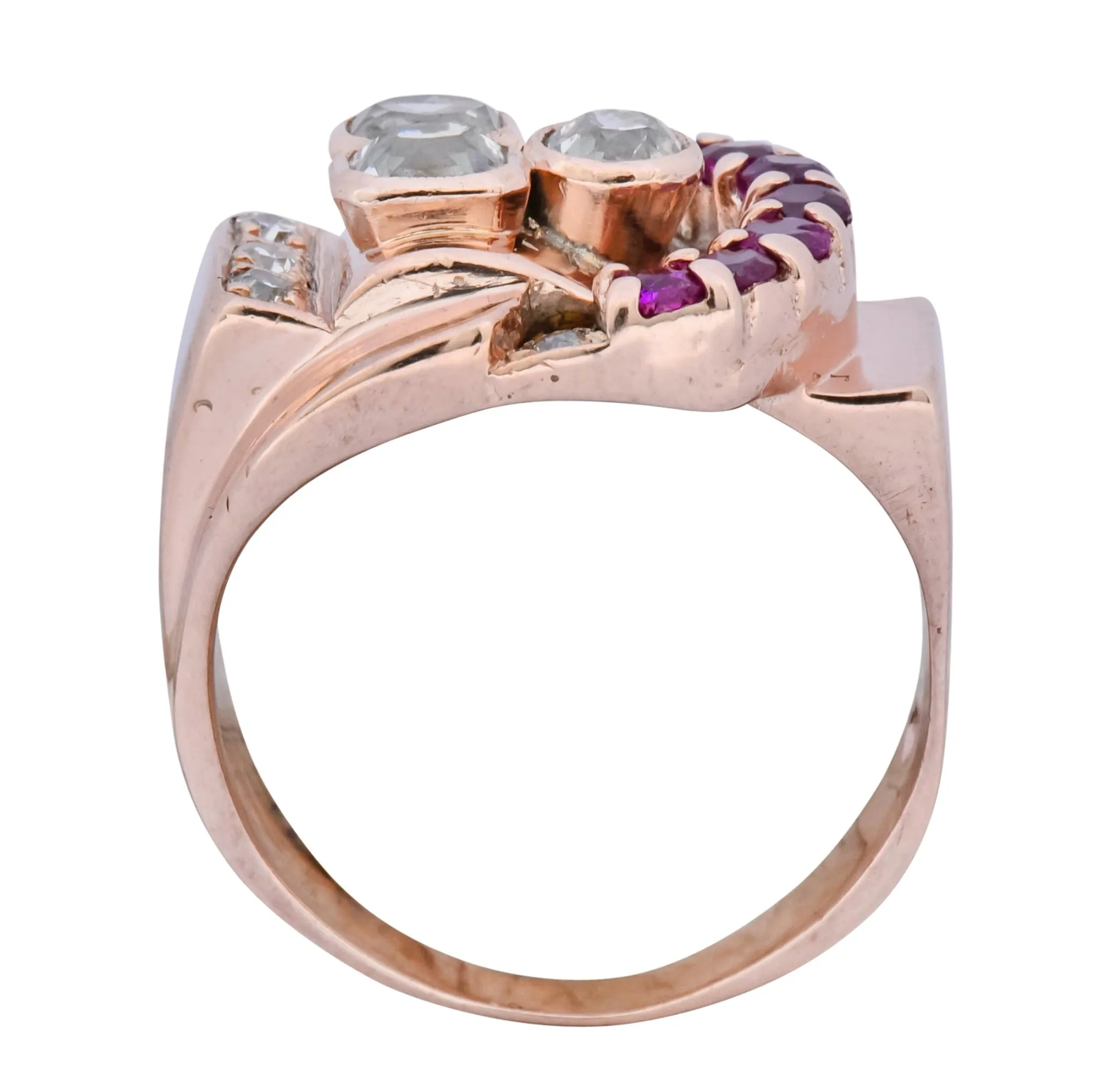 1940's Rose Gold Buckle Ring with Diamond Ruby