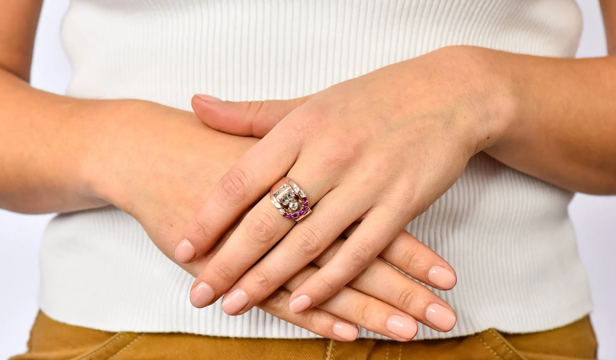 1940's Rose Gold Buckle Ring with Diamond Ruby