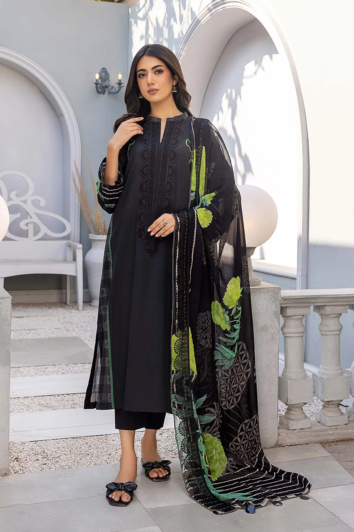 3 Piece Charizma Unstitched Embroidered Lawn Shirt, Embroidered Chiffon Dupatta AN23-25