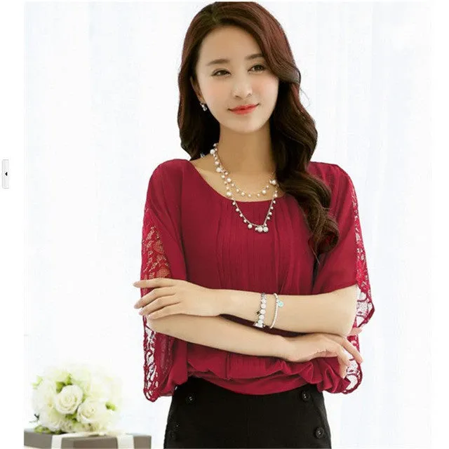 4XL O-neck Batwing Sleeve Lace Blouse for Women