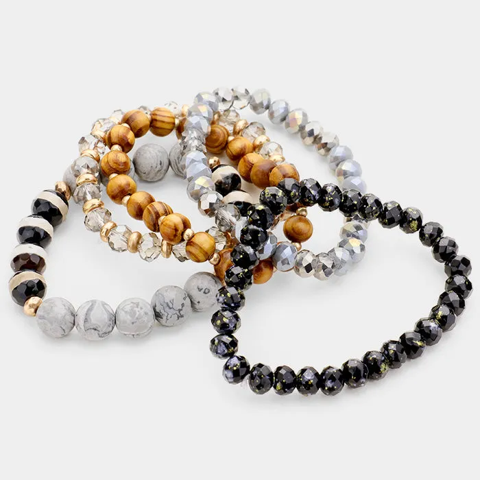 Wood Multi Beaded Stretch Bracelets