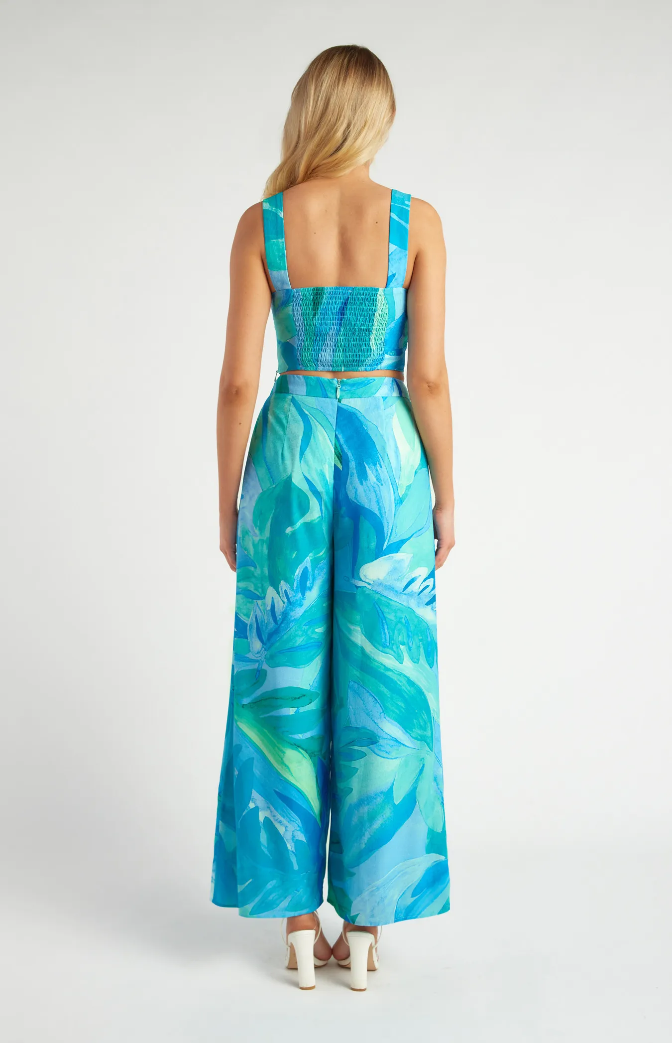 Abstract Leaf Print Top and Pleated Pants Set