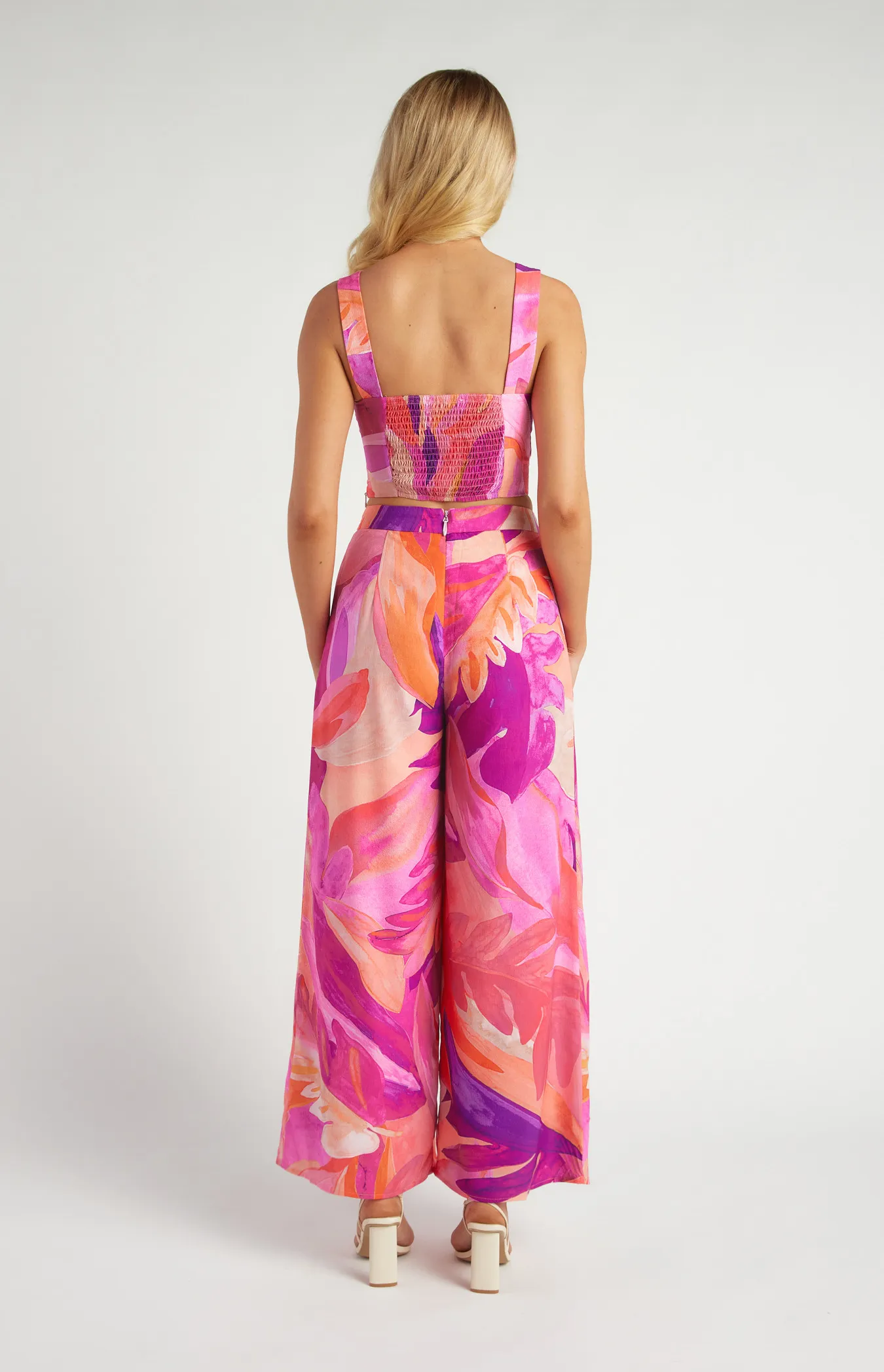 Abstract Leaf Print Top and Pleated Pants Set