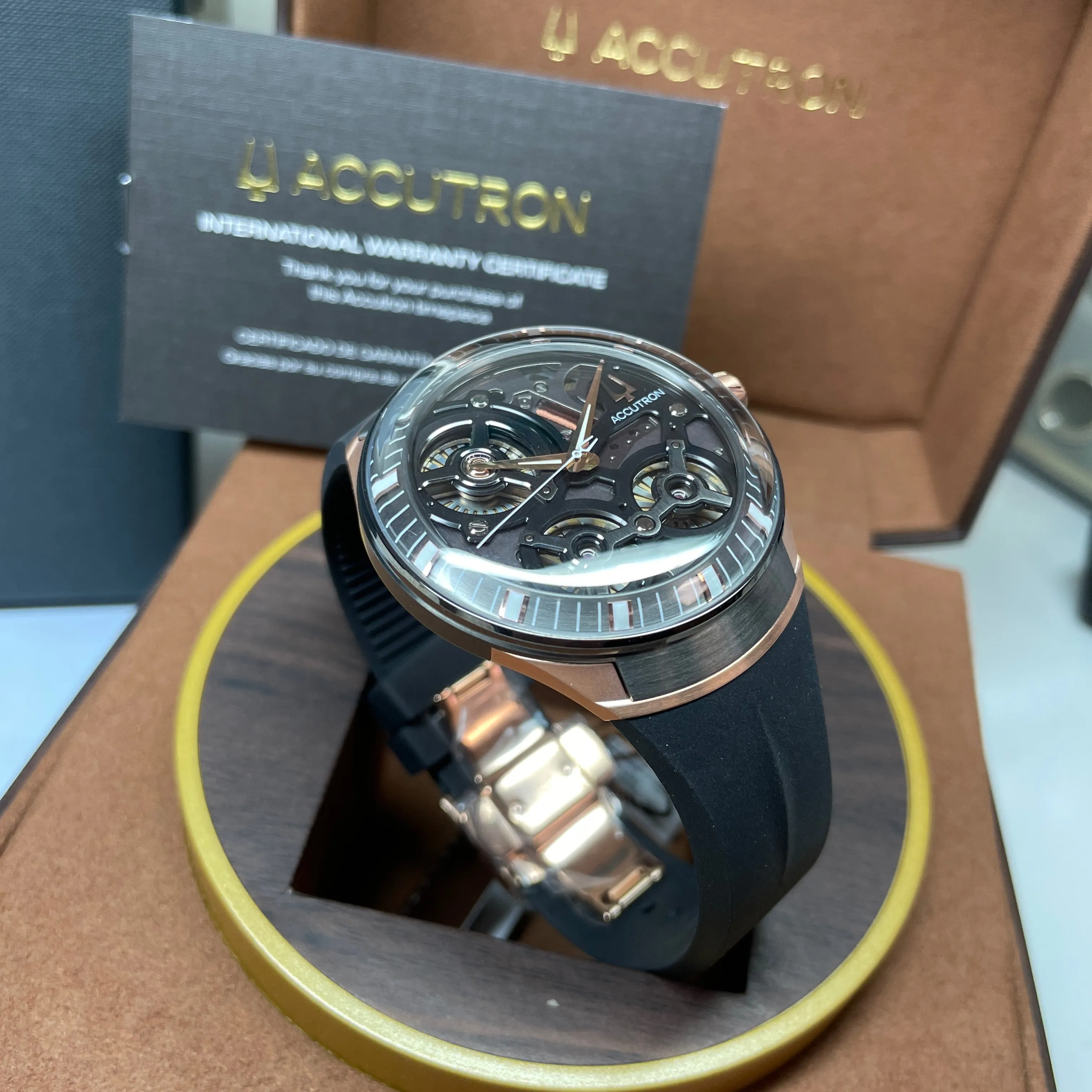 Accutron DNA Electrostatic Open Face Rose Gold Black Dial Watch 2ES8A002