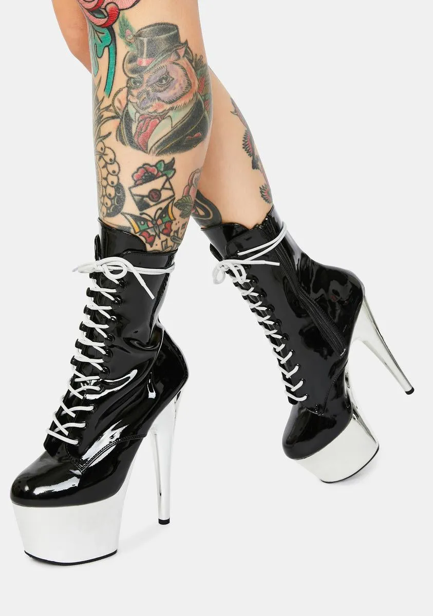 Adore Lace Up Heels in Black And Chrome