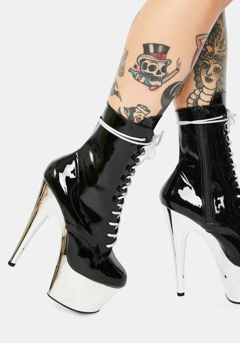 Adore Lace Up Heels in Black And Chrome