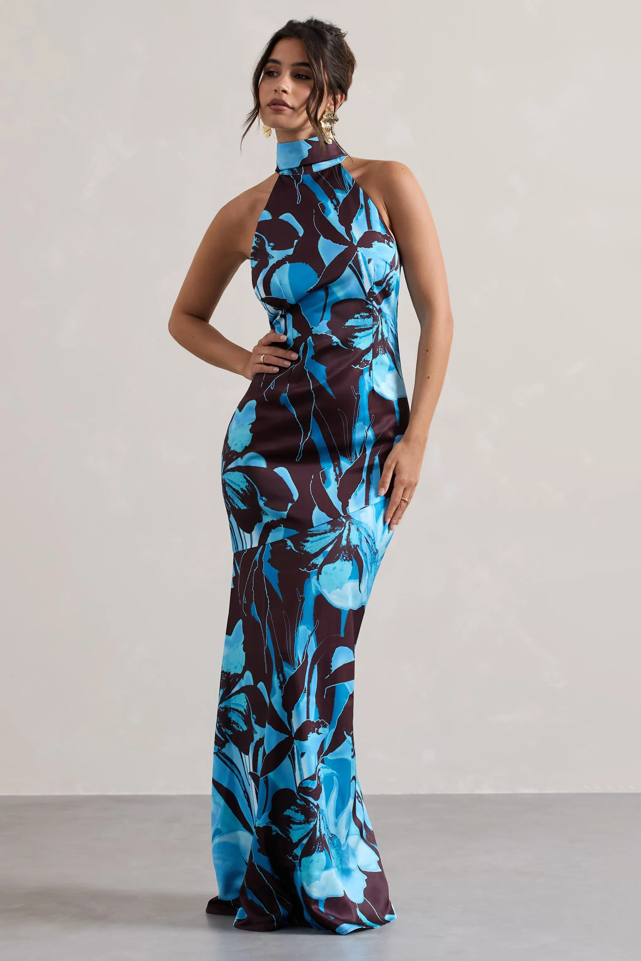 Floral High-Neck Satin Maxi Dress