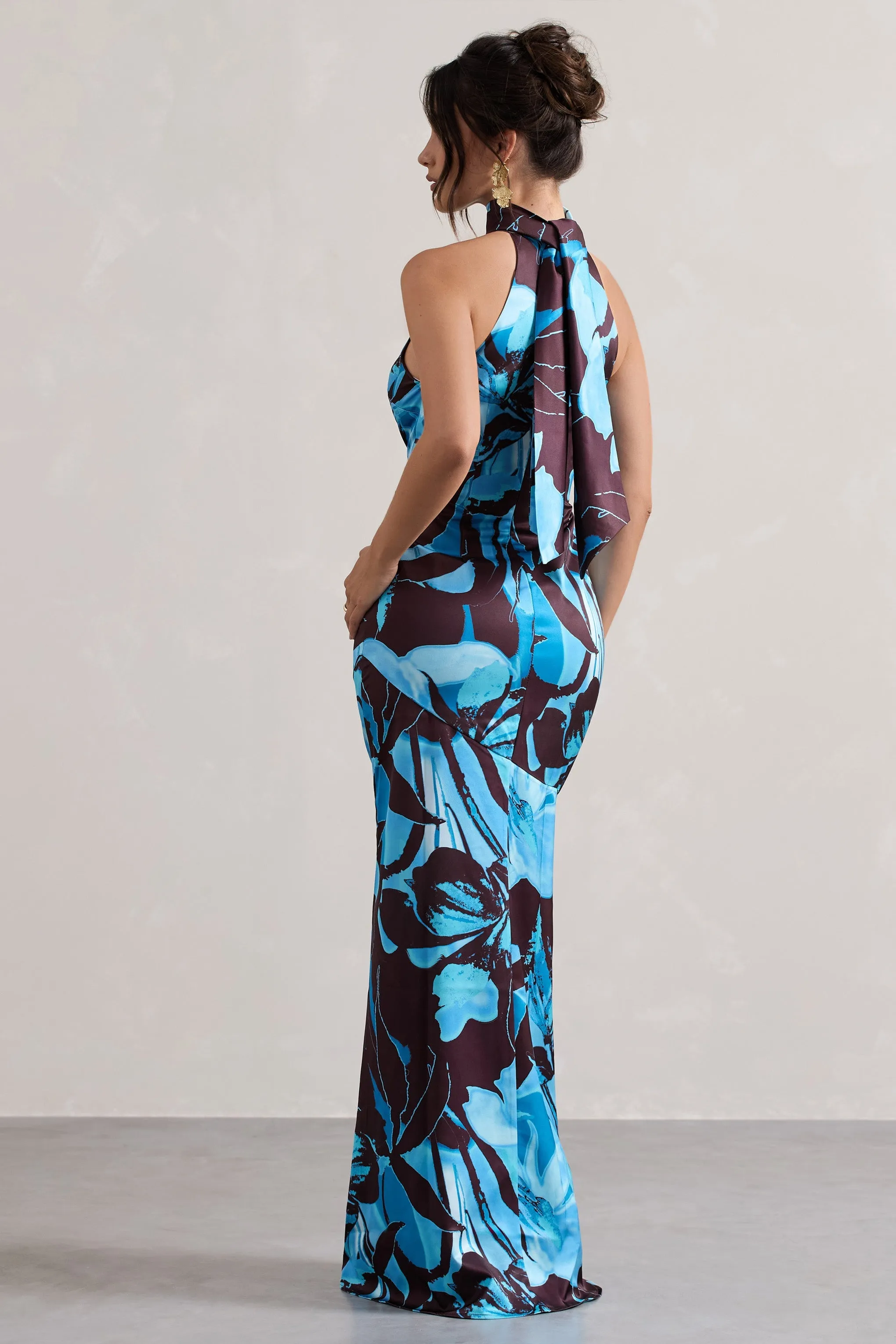 Floral High-Neck Satin Maxi Dress