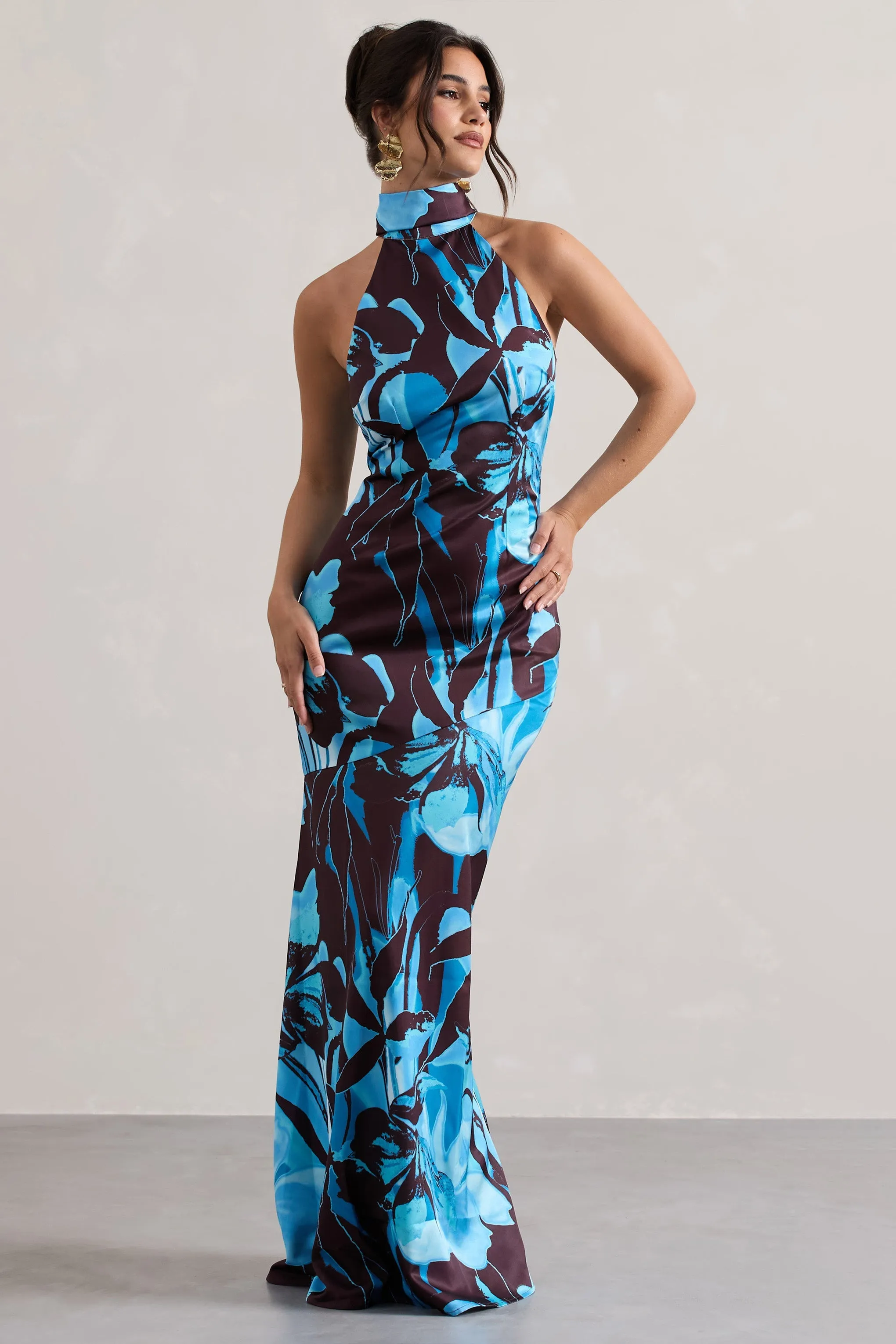 Floral High-Neck Satin Maxi Dress