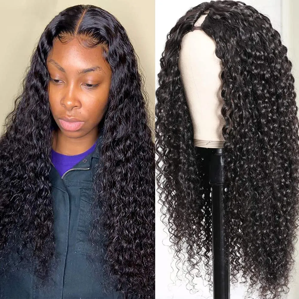 Ainmeys 26 Inch Curly V Part Wigs Brazilian Kinky Curly Human Hair Wigs for Black Women V Shape Wigs No Leave Out Lace Front Wig