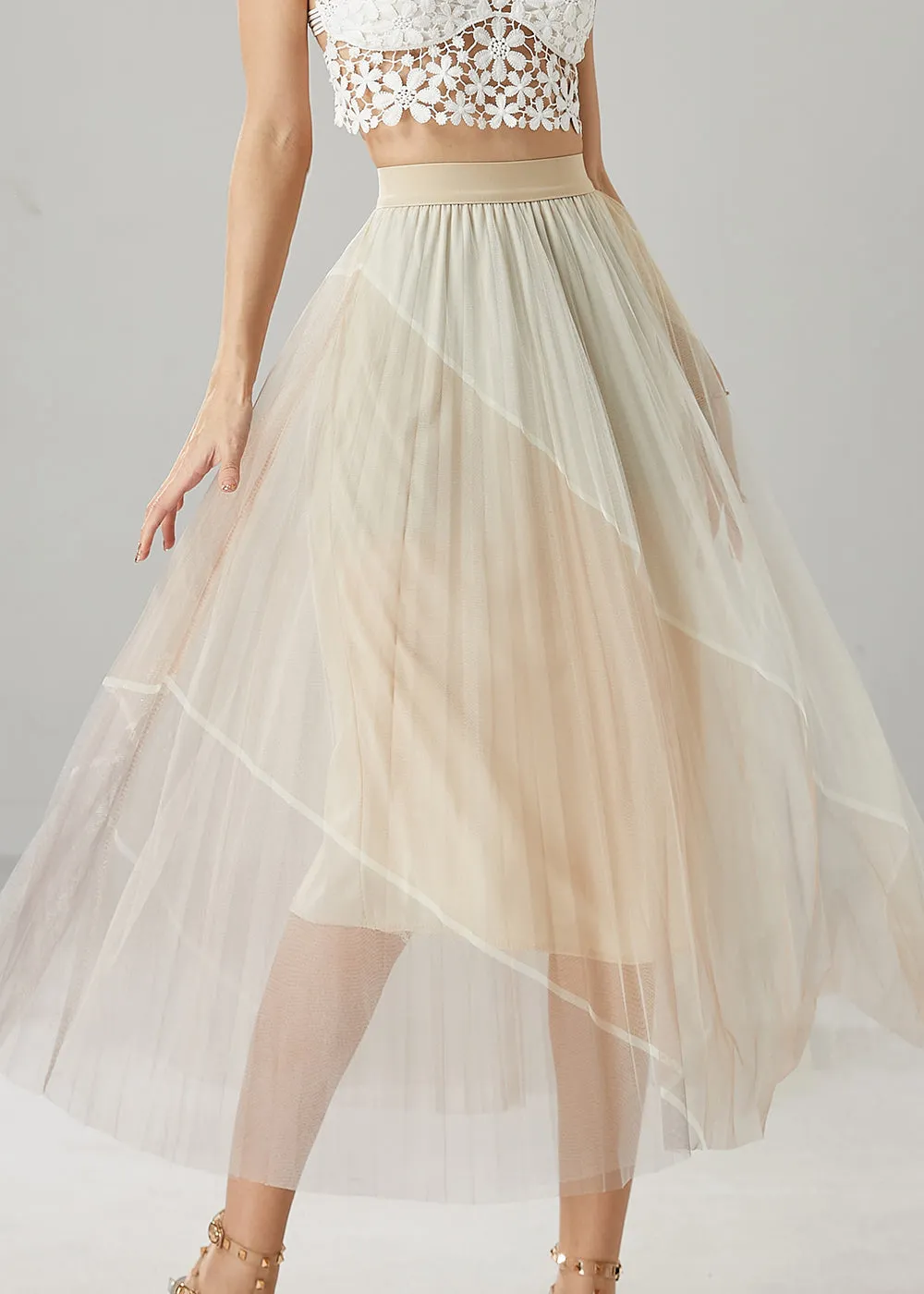 Apricot High Waist Patchwork Tulle Skirt Summer