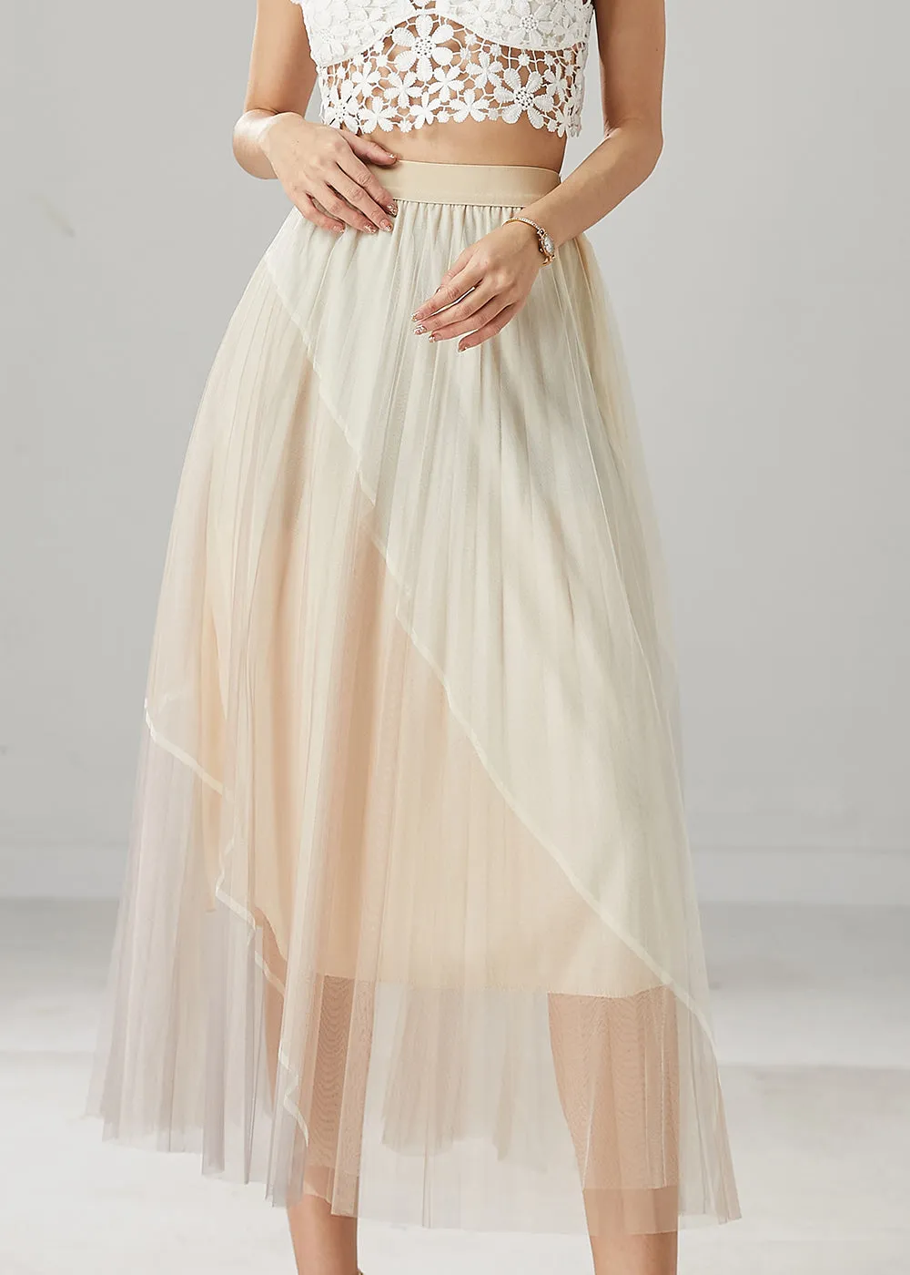 Apricot High Waist Patchwork Tulle Skirt Summer