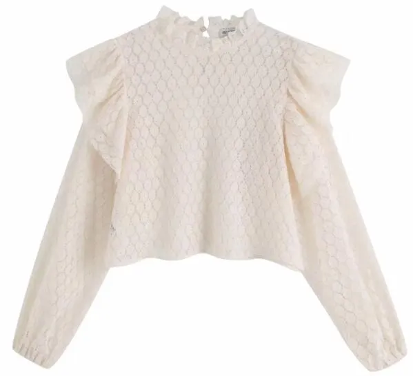 Autumn Women's Lace Blouses Ruffles Chic Lantern Sleeve Tops Feminine High Street Fashion SM6