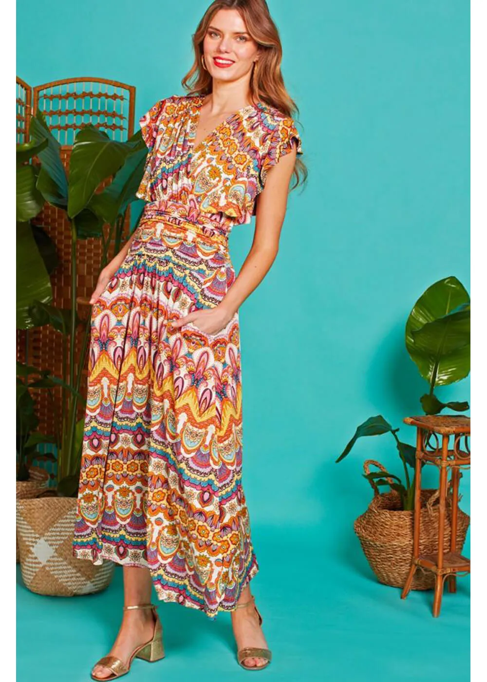 Coral 70's Maxi Dress with Sunrise Print