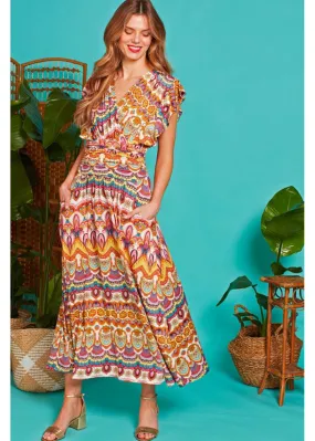 Coral 70's Maxi Dress with Sunrise Print