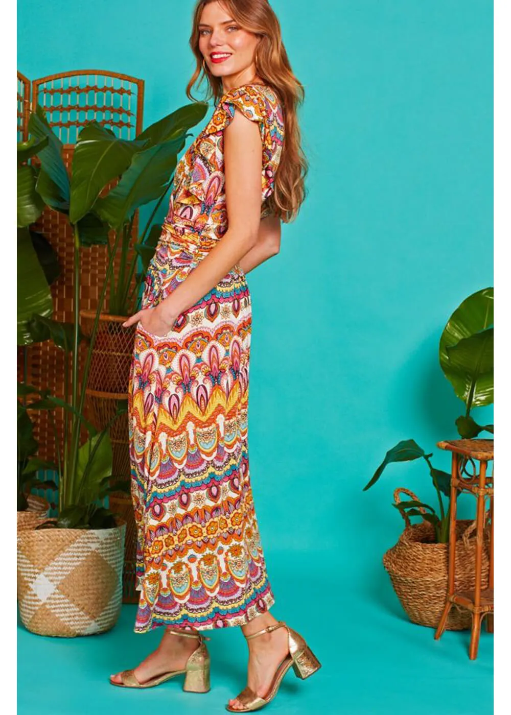 Coral 70's Maxi Dress with Sunrise Print