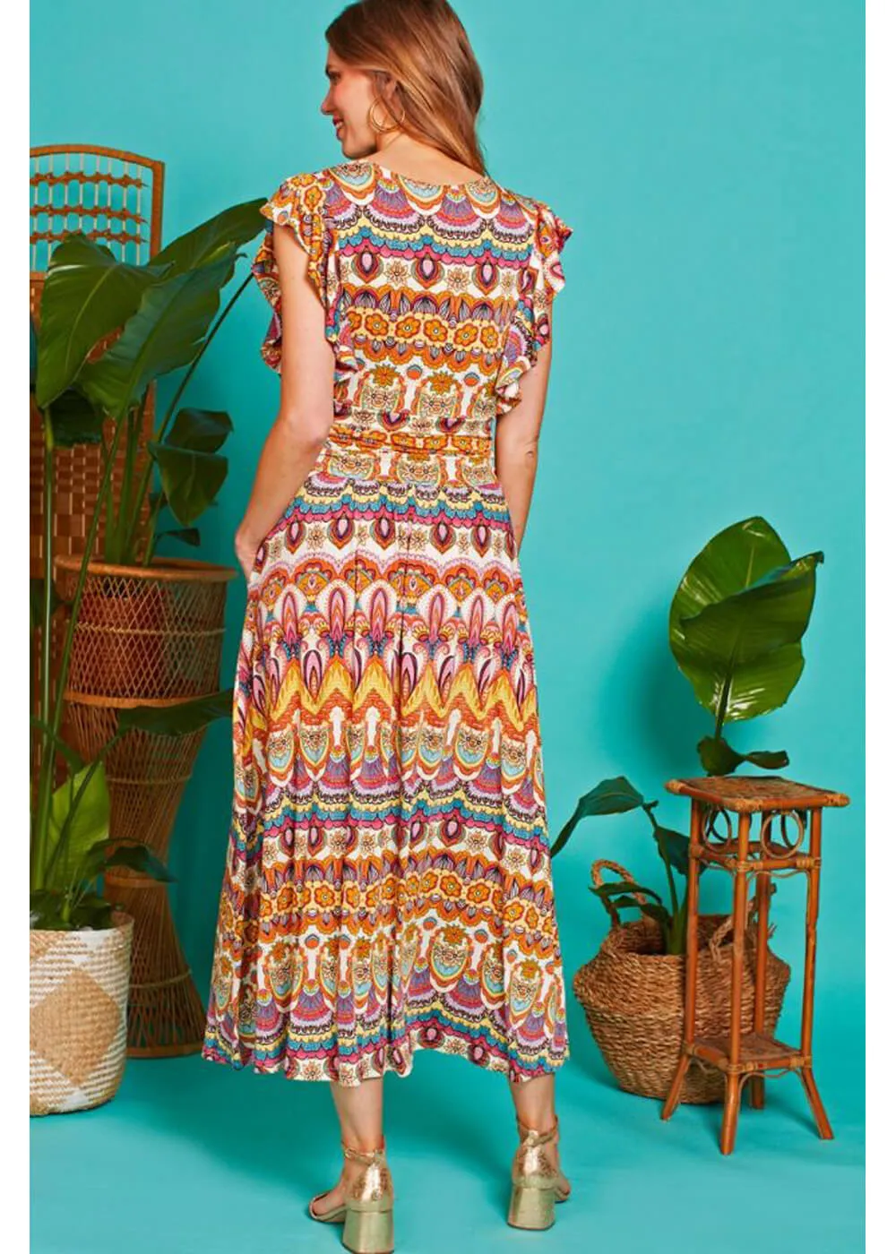 Coral 70's Maxi Dress with Sunrise Print