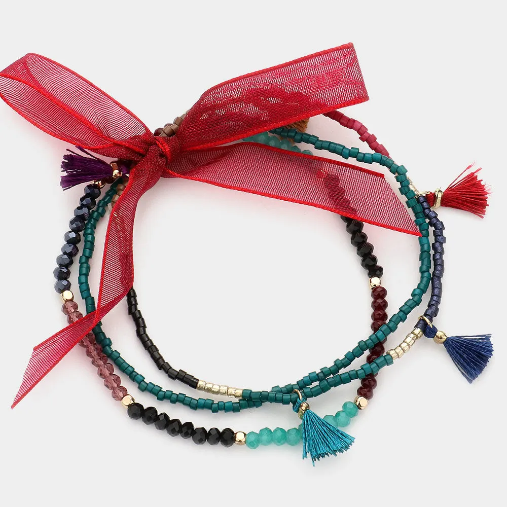 Beaded Tiny Tassel Station Stretch Bracelets