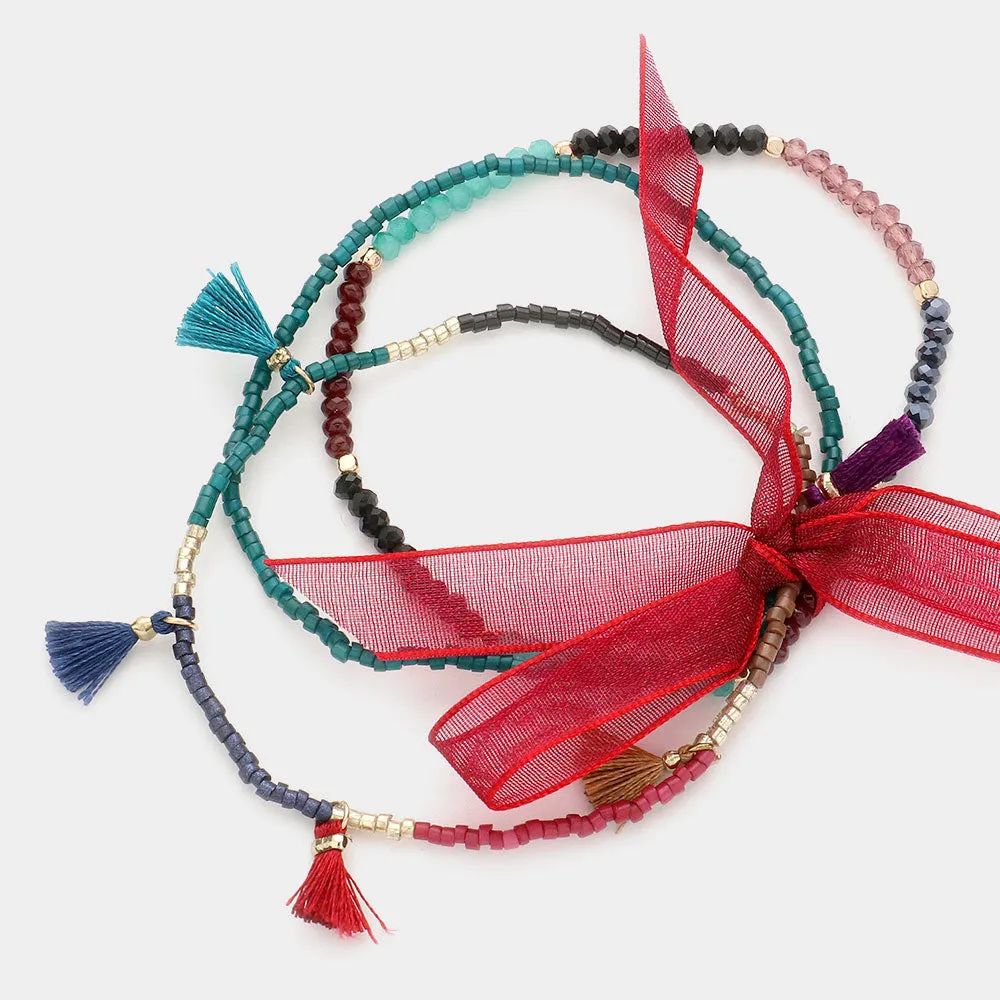 Beaded Tiny Tassel Station Stretch Bracelets