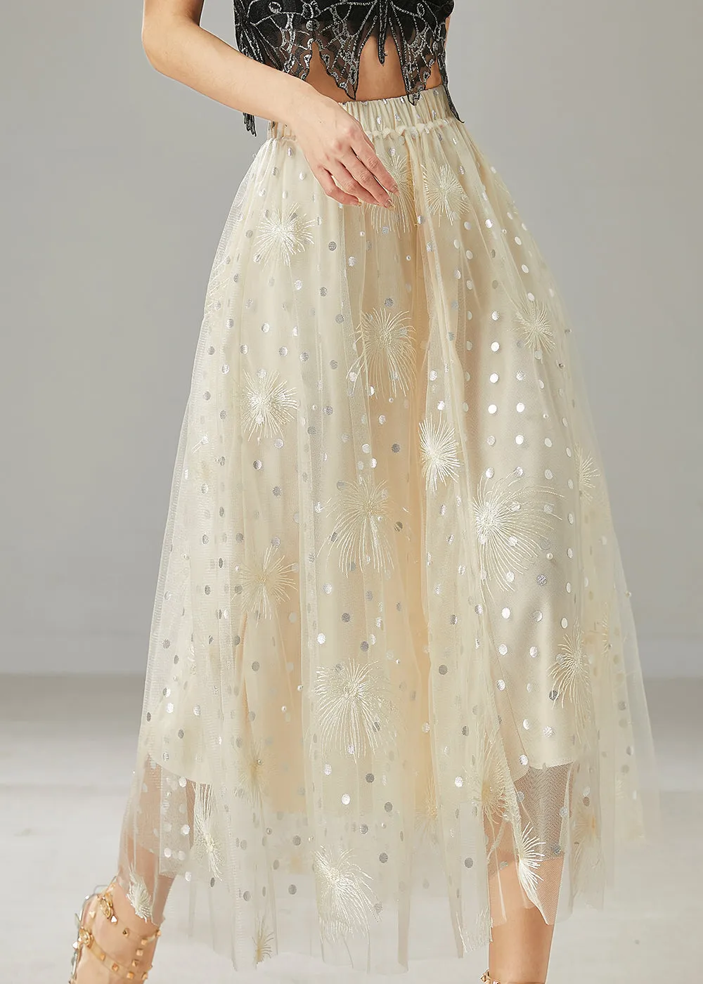 Beautiful Milk White Tulle Skirt Adorned with Embroidered Sequins for Summer