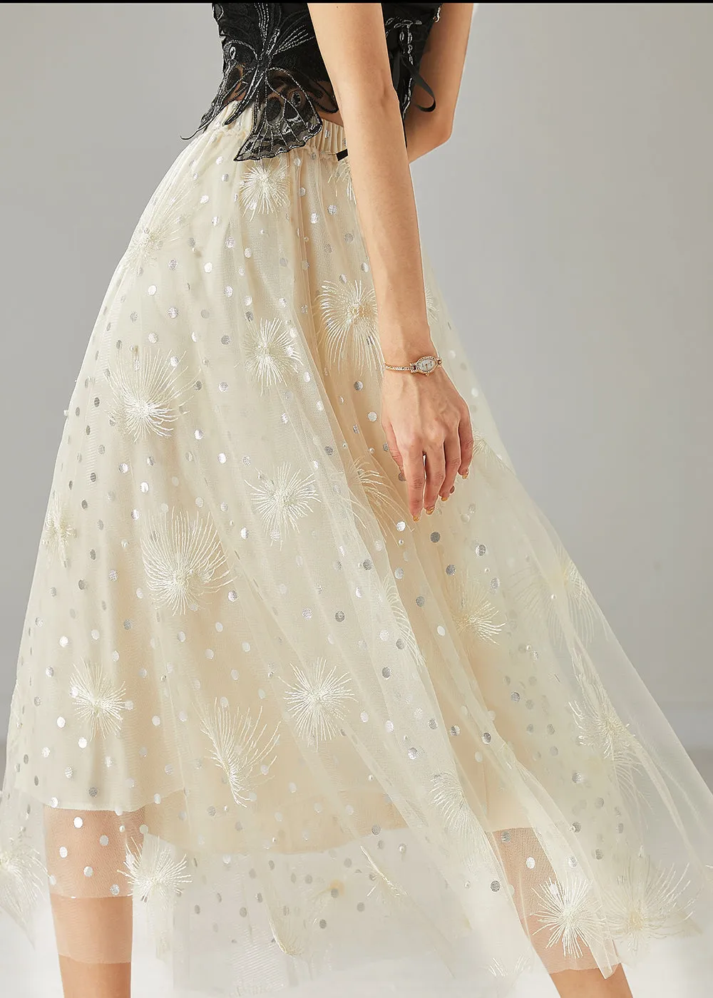 Beautiful Milk White Tulle Skirt Adorned with Embroidered Sequins for Summer