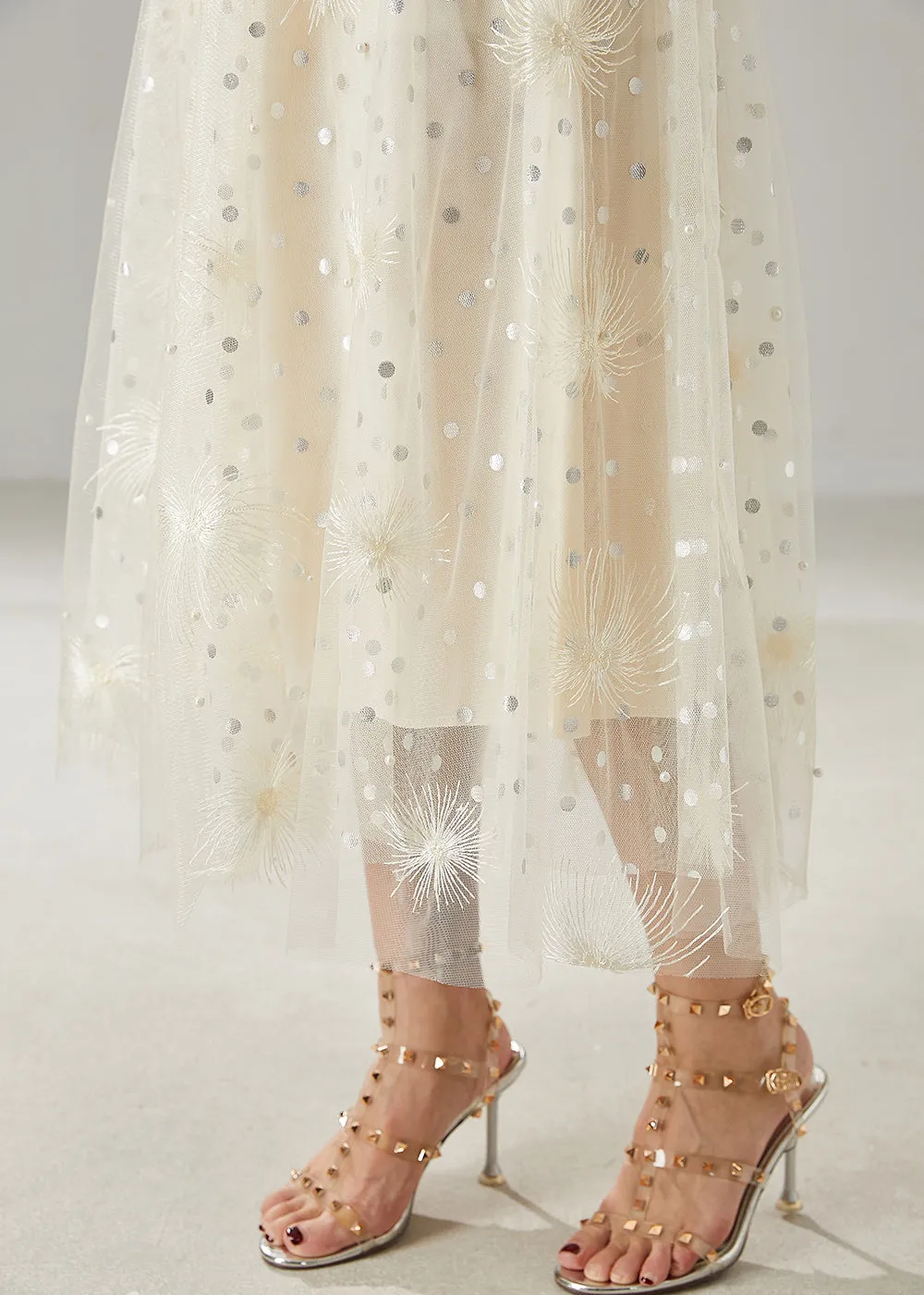 Beautiful Milk White Tulle Skirt Adorned with Embroidered Sequins for Summer