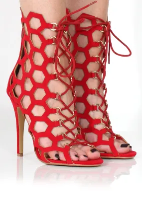 Bella Red Suede Caged Lace Up Heels