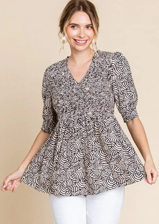 Final Sale Black and Taupe Printed Babydoll Top