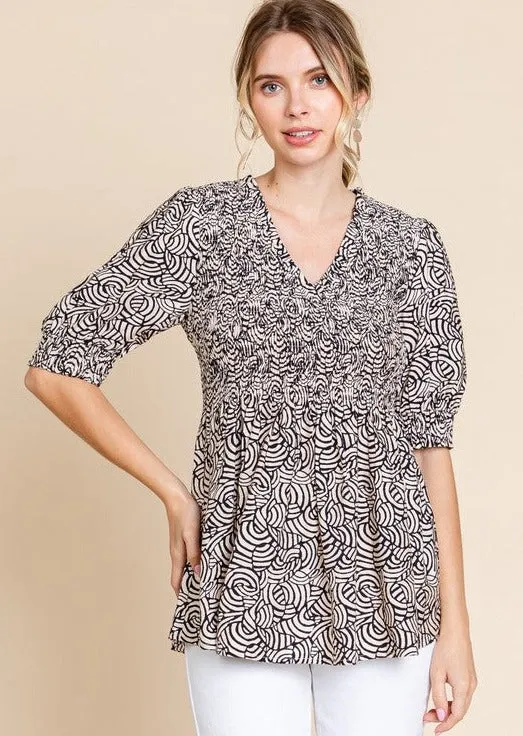 Final Sale Black and Taupe Printed Babydoll Top