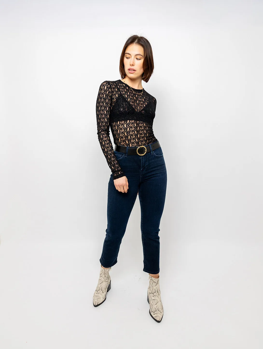 Black Crewneck Mesh Lace Top