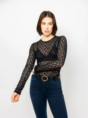 Black Crewneck Mesh Lace Top