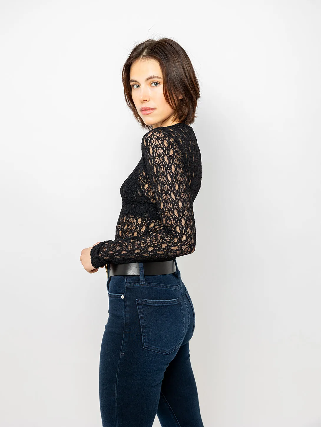 Black Crewneck Mesh Lace Top