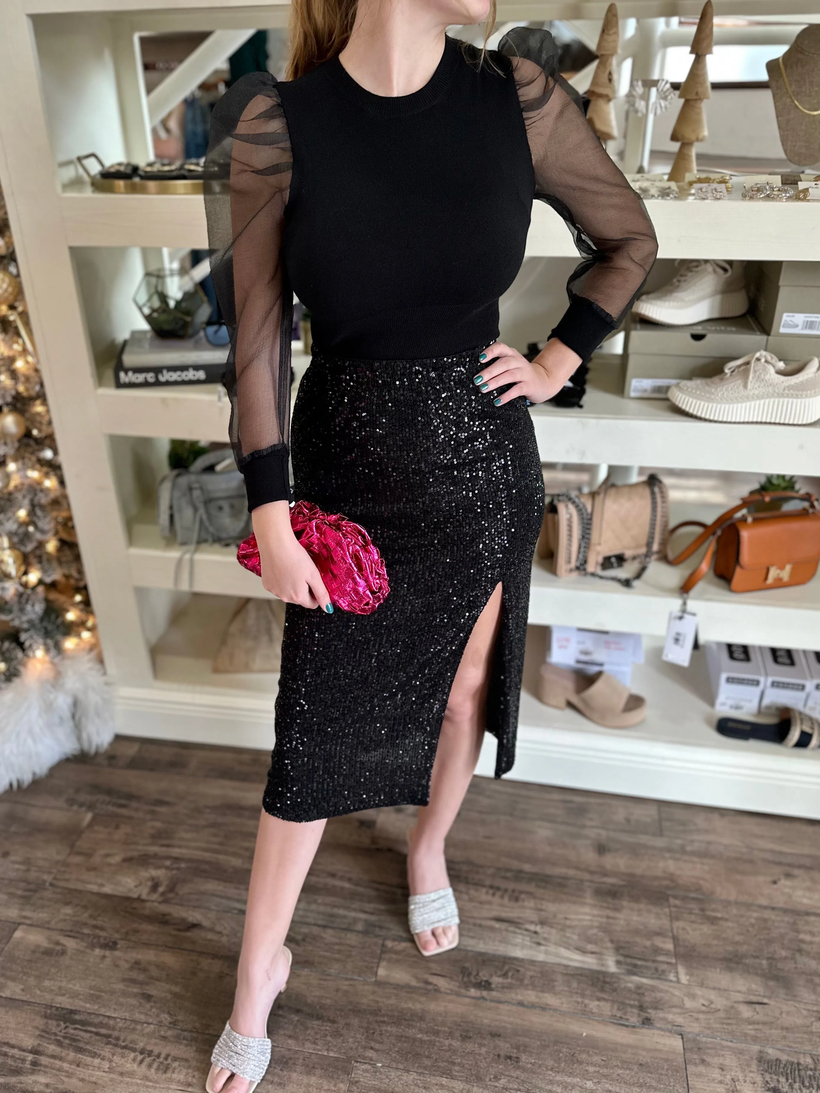 Midi Black Sequin Skirt