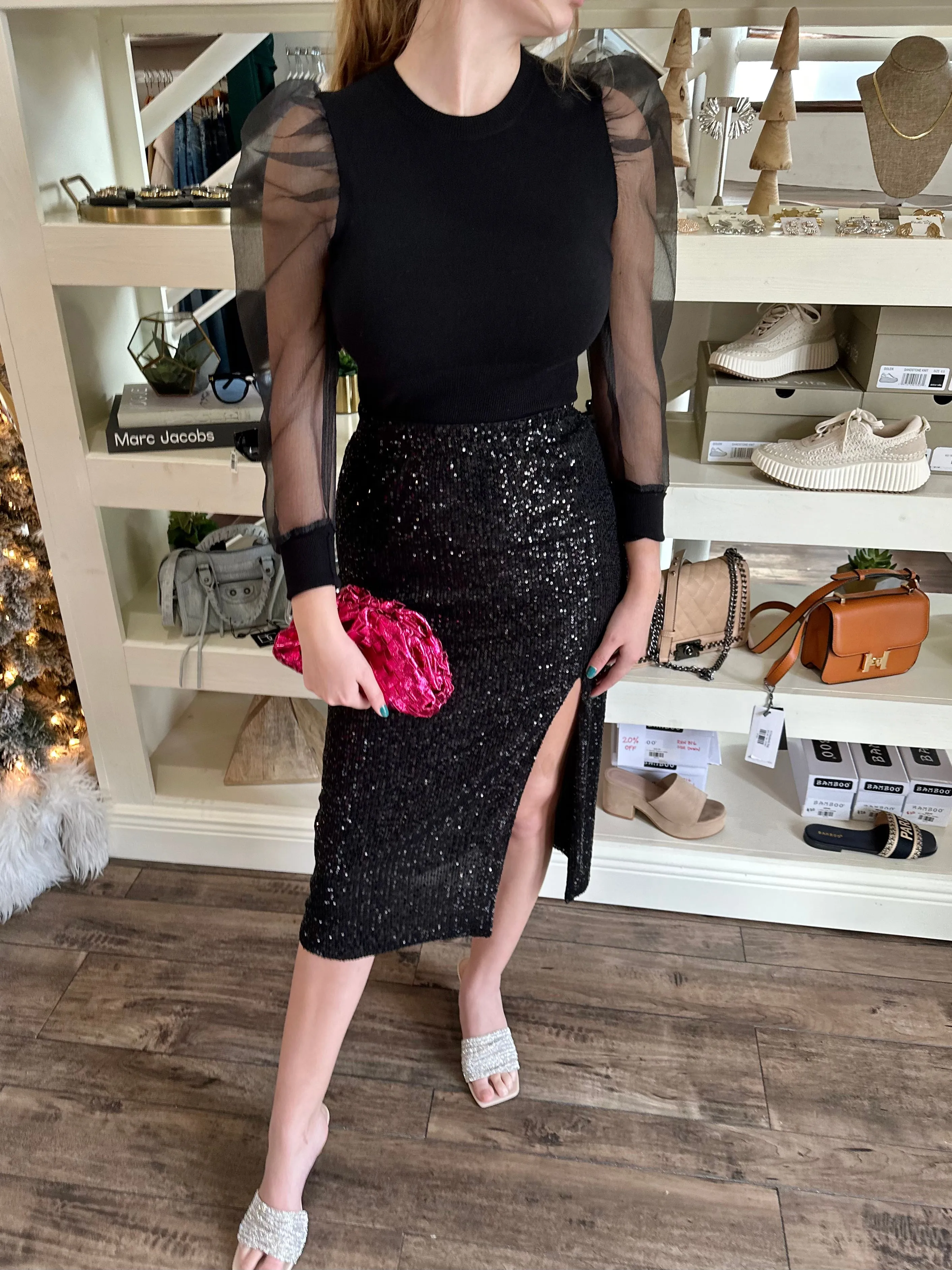 Midi Black Sequin Skirt