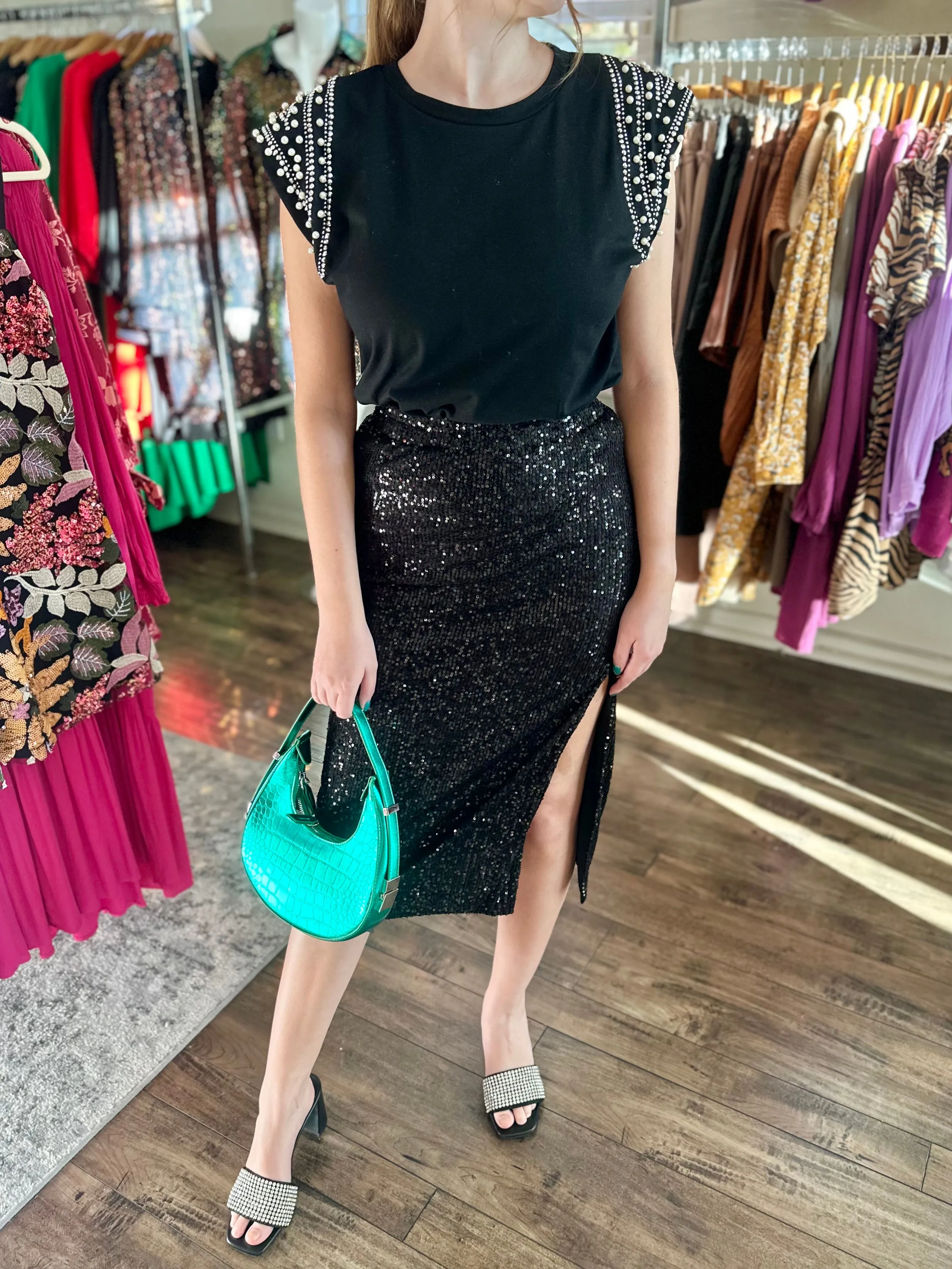 Midi Black Sequin Skirt