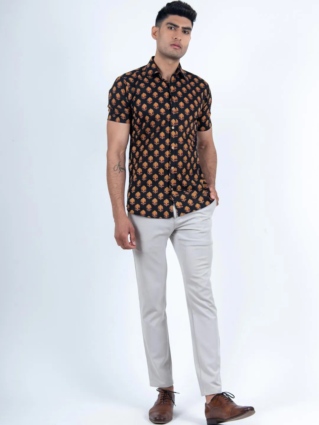 Black Printed Cotton Half Sleeves Shirt