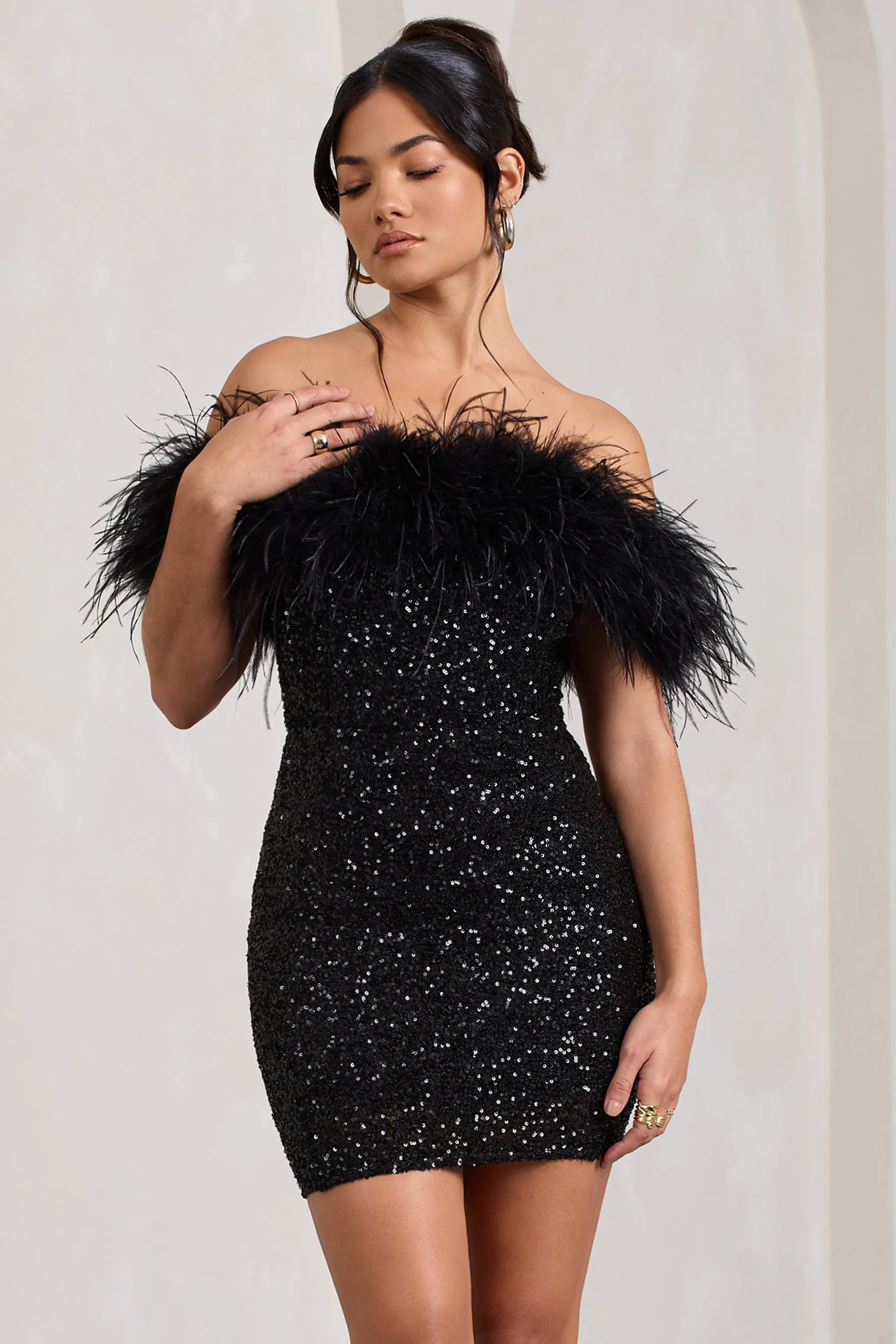 Black Sequin Bodycon Mini Dress with Feathers