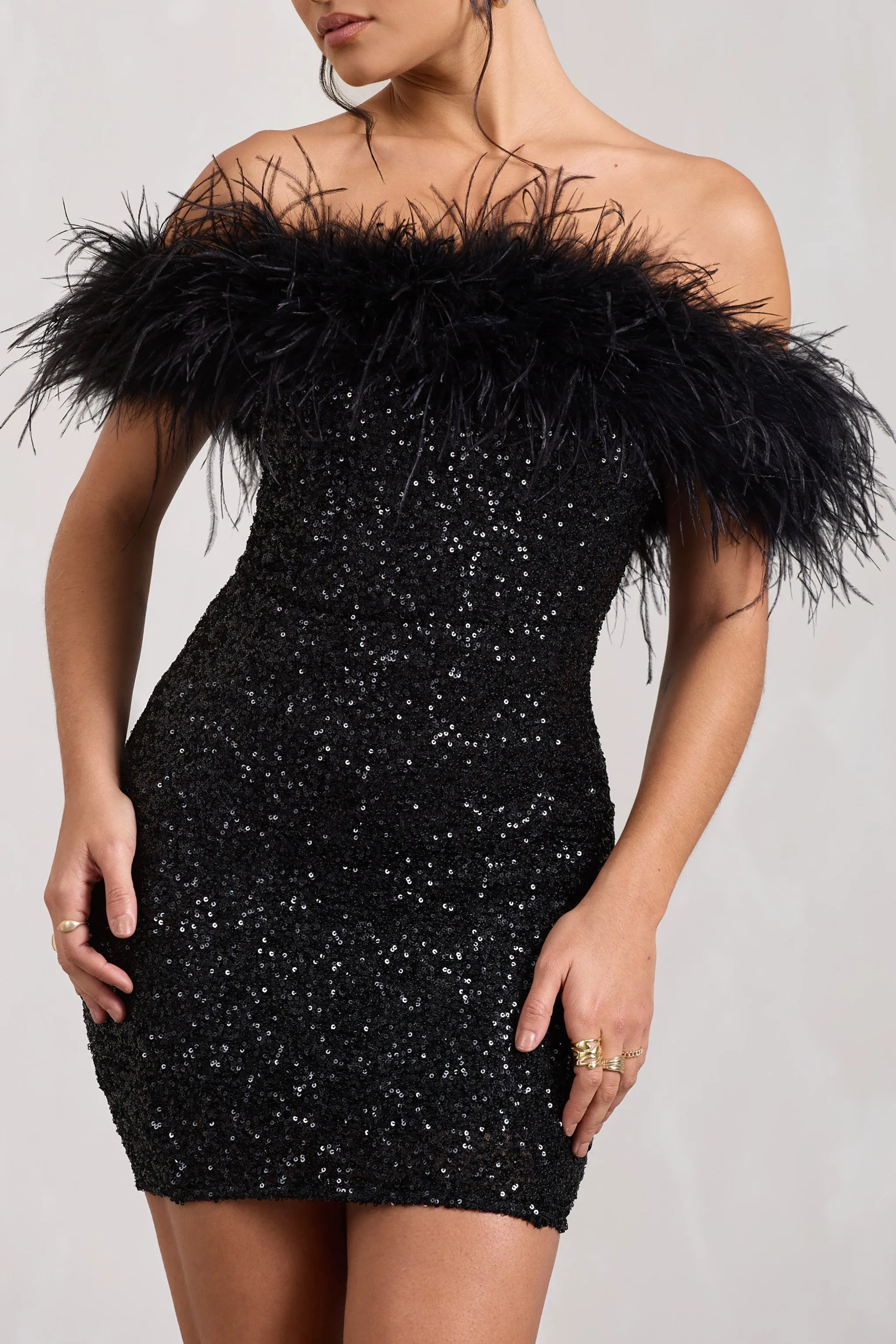 Black Sequin Bodycon Mini Dress with Feathers