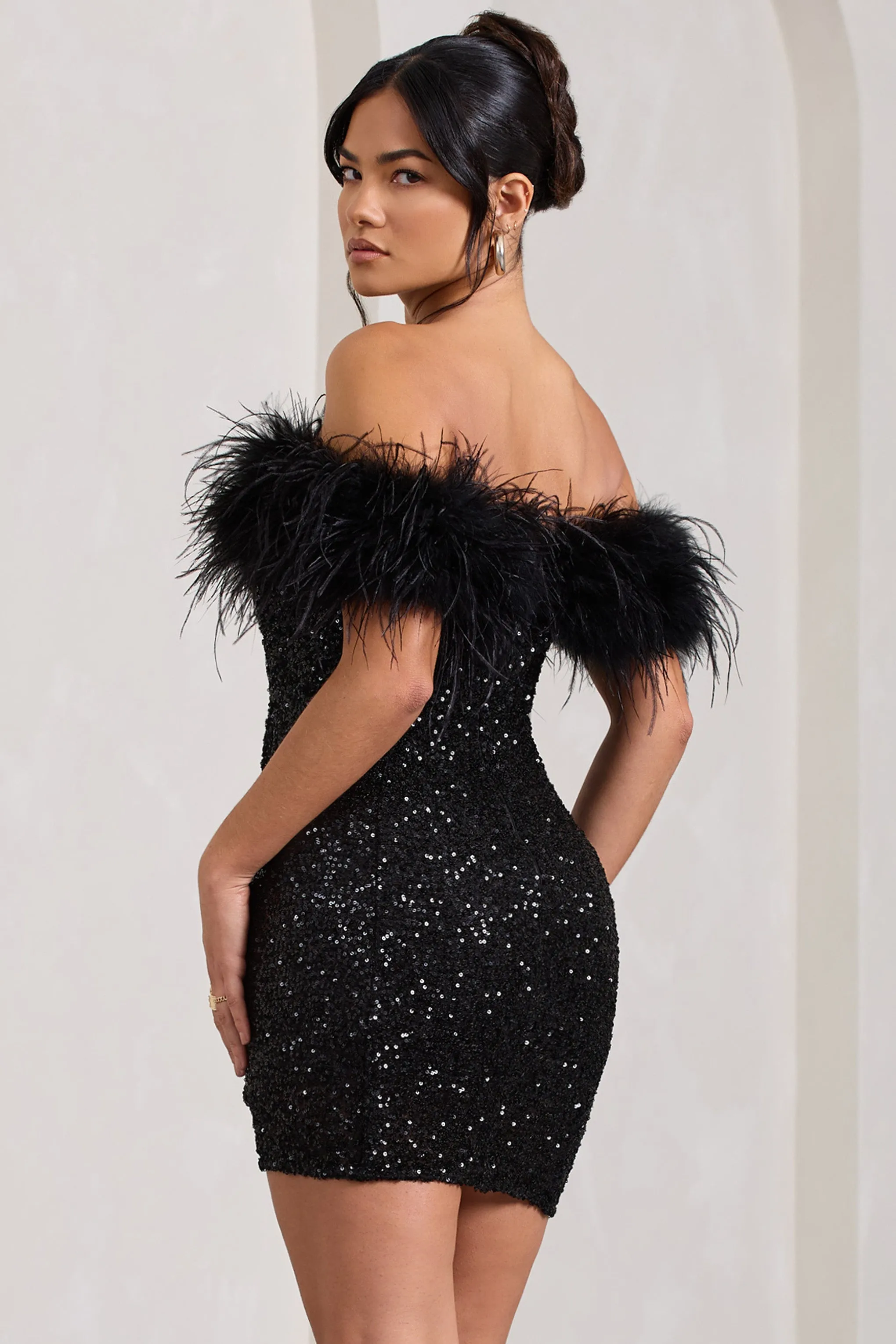 Black Sequin Bodycon Mini Dress with Feathers