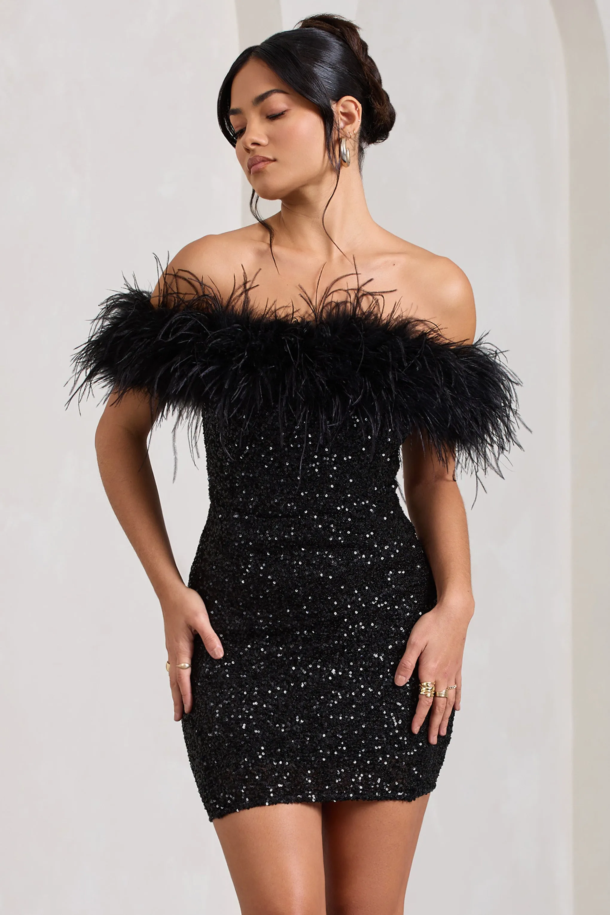 Black Sequin Bodycon Mini Dress with Feathers