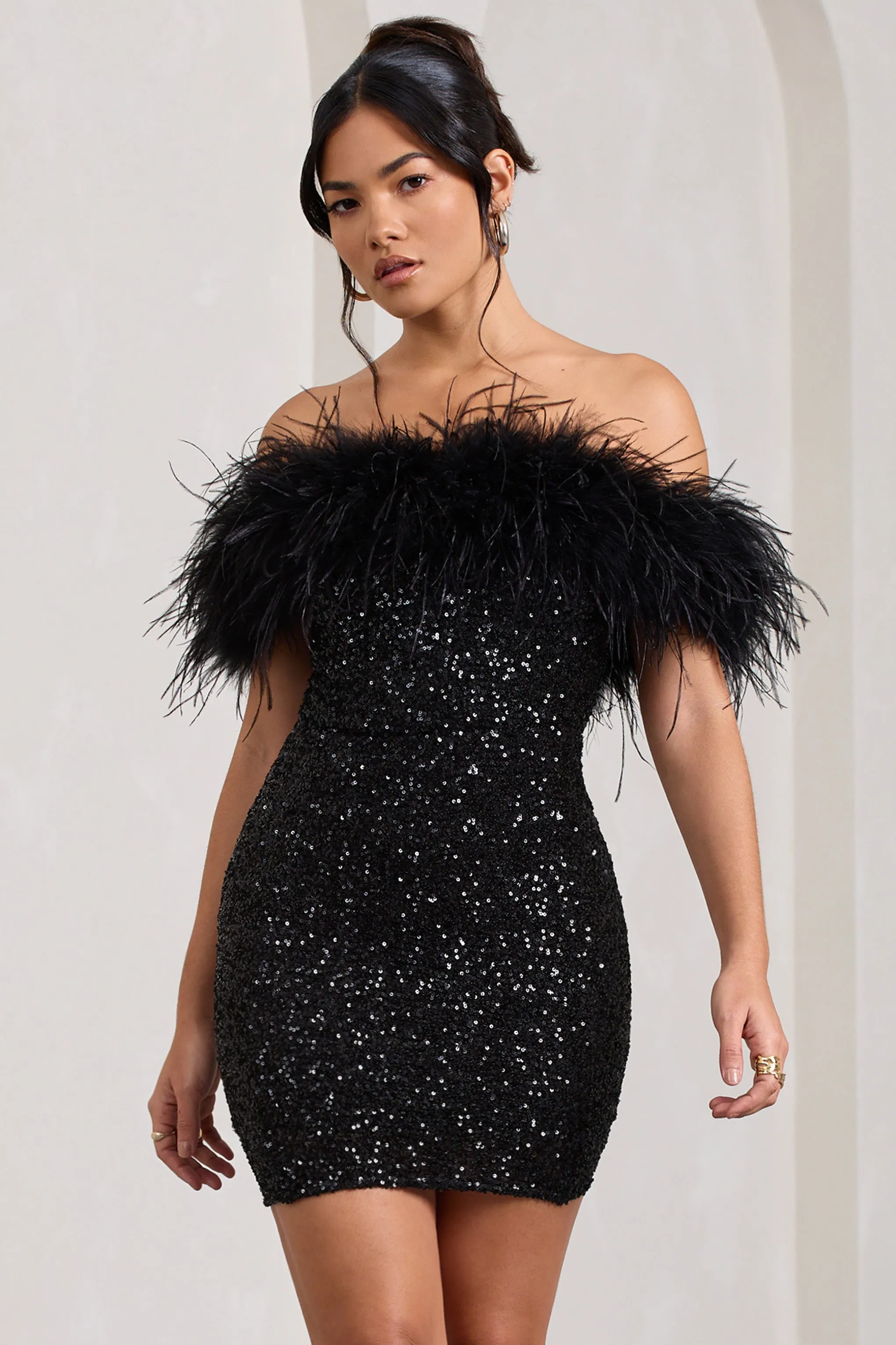 Black Sequin Bodycon Mini Dress with Feathers