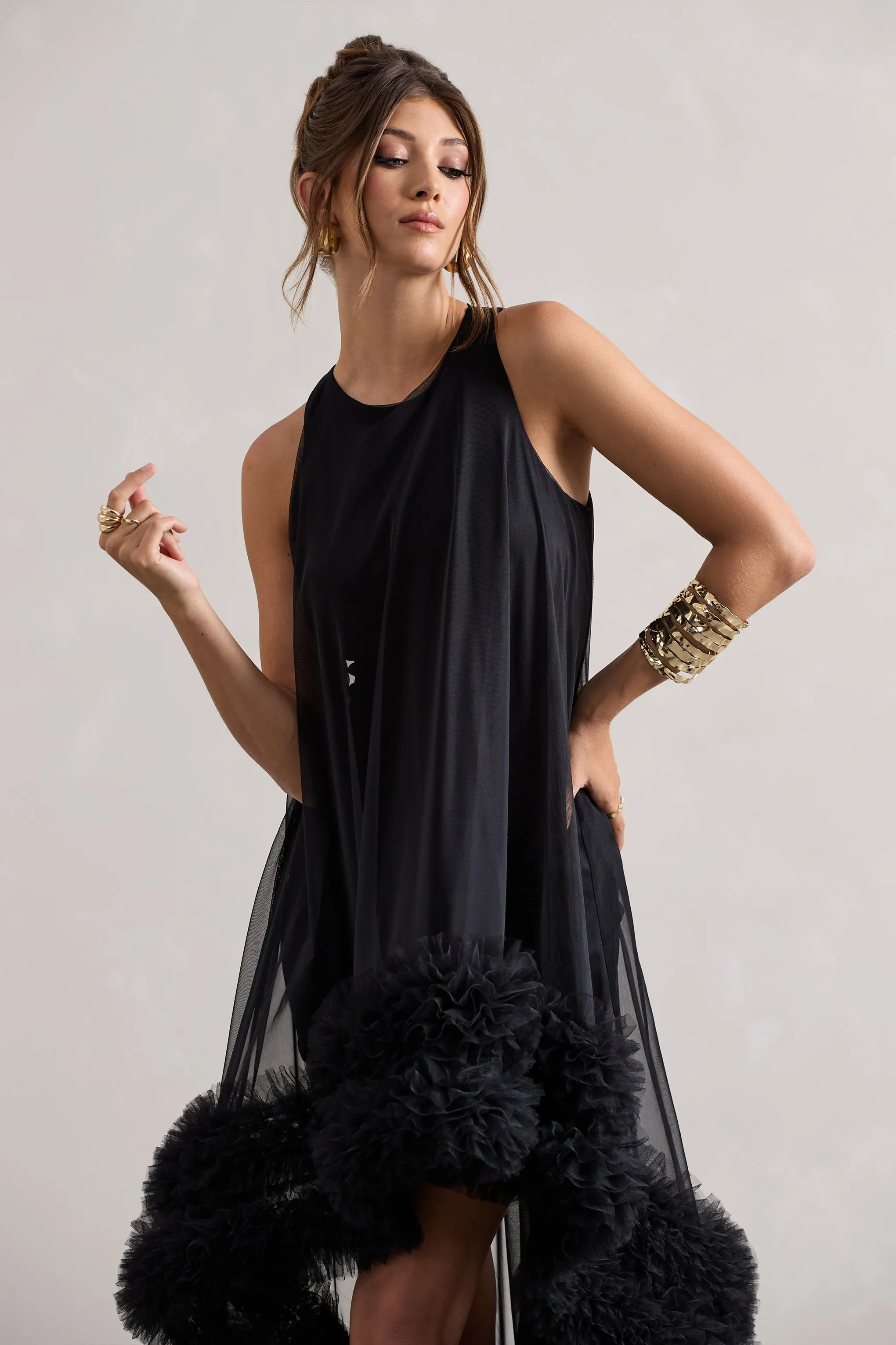 Black Sleeveless Mini Dress with Tulle Overlay