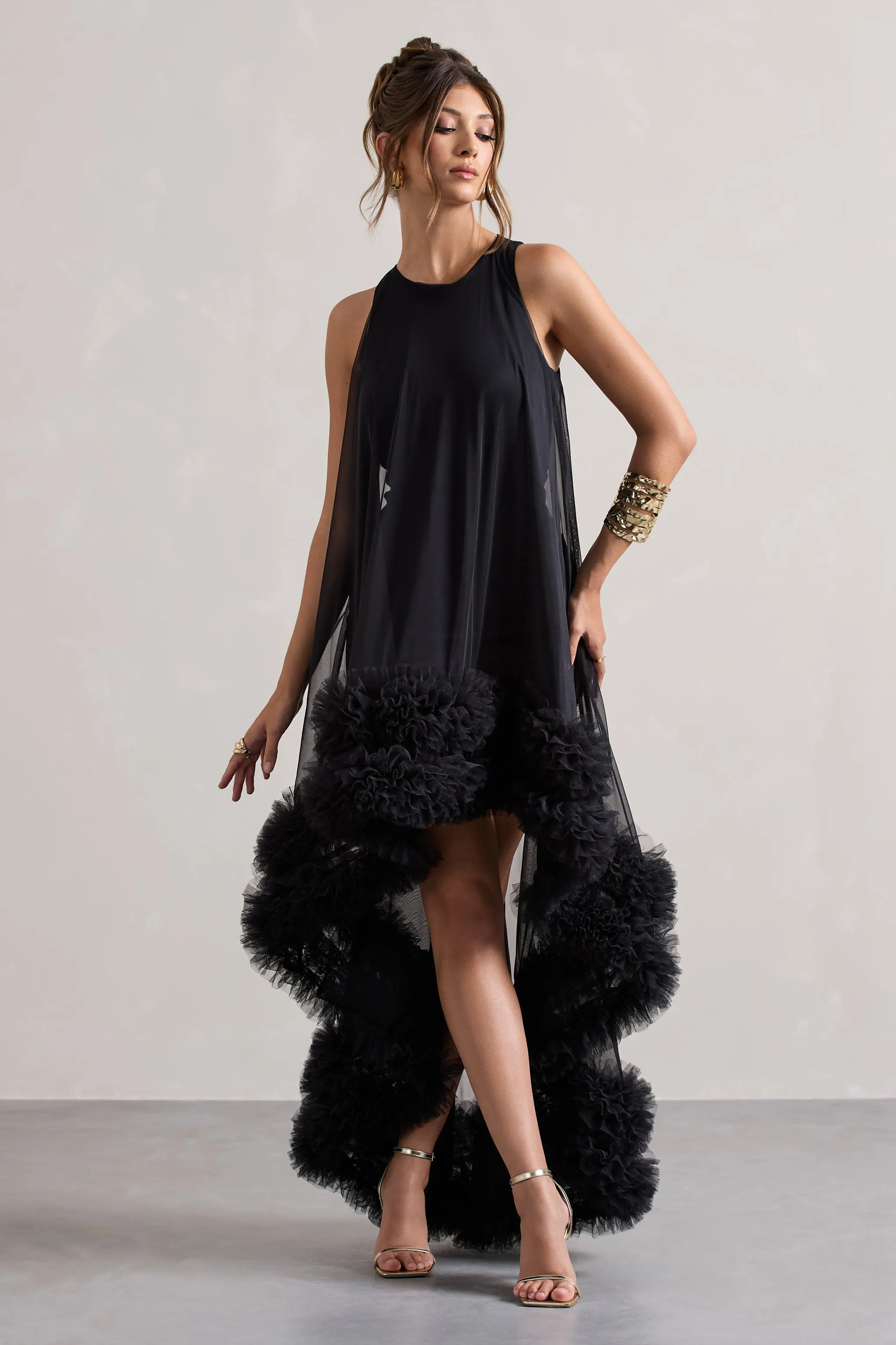 Black Sleeveless Mini Dress with Tulle Overlay