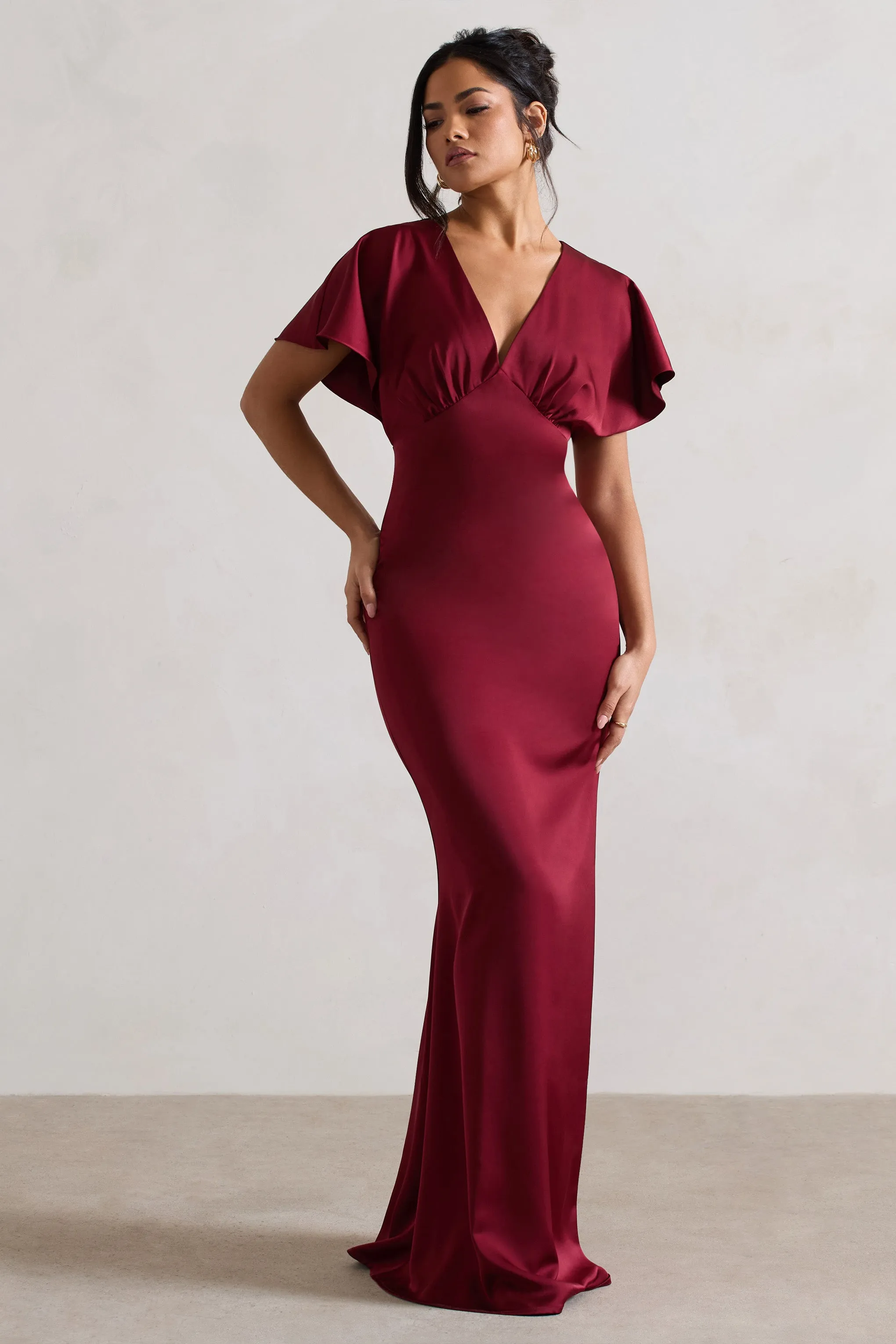 Berry Flutter-Sleeve V-Neck Satin Maxi Dress