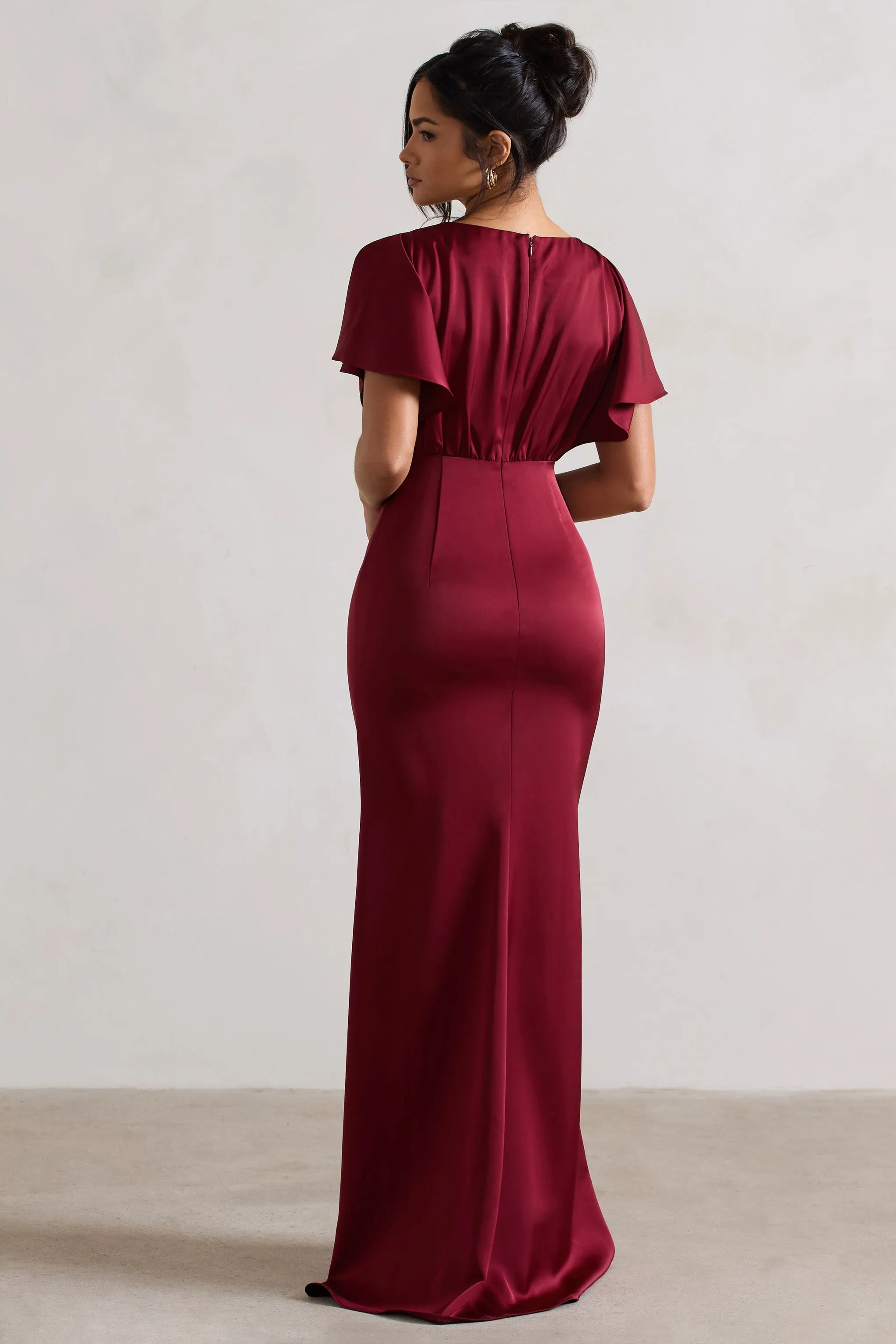 Berry Flutter-Sleeve V-Neck Satin Maxi Dress